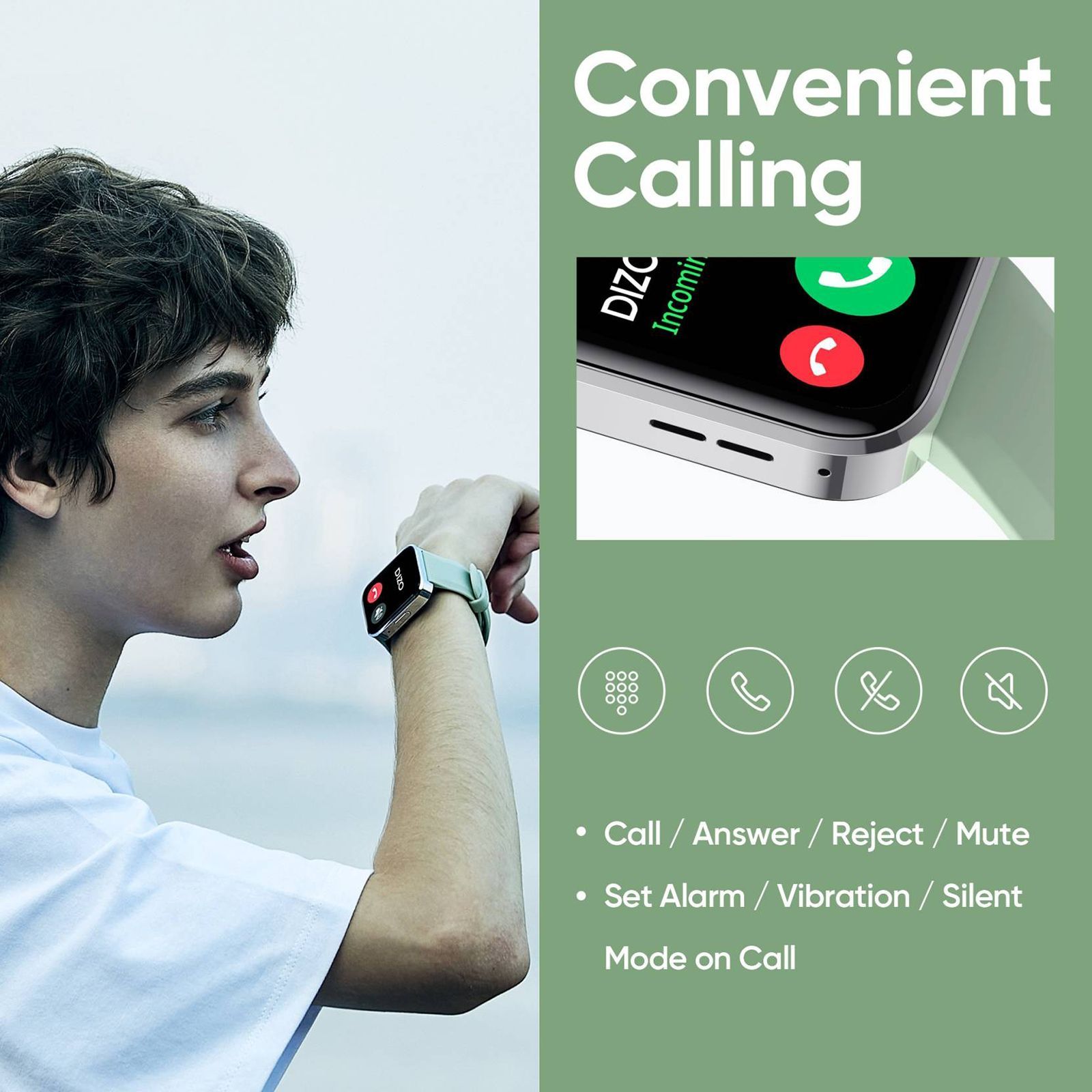 DIZO D Talk DW32051 Smartwatch with Bluetooth Calling (45.7mm Display, Water Resistant, Light Green Strap)_3