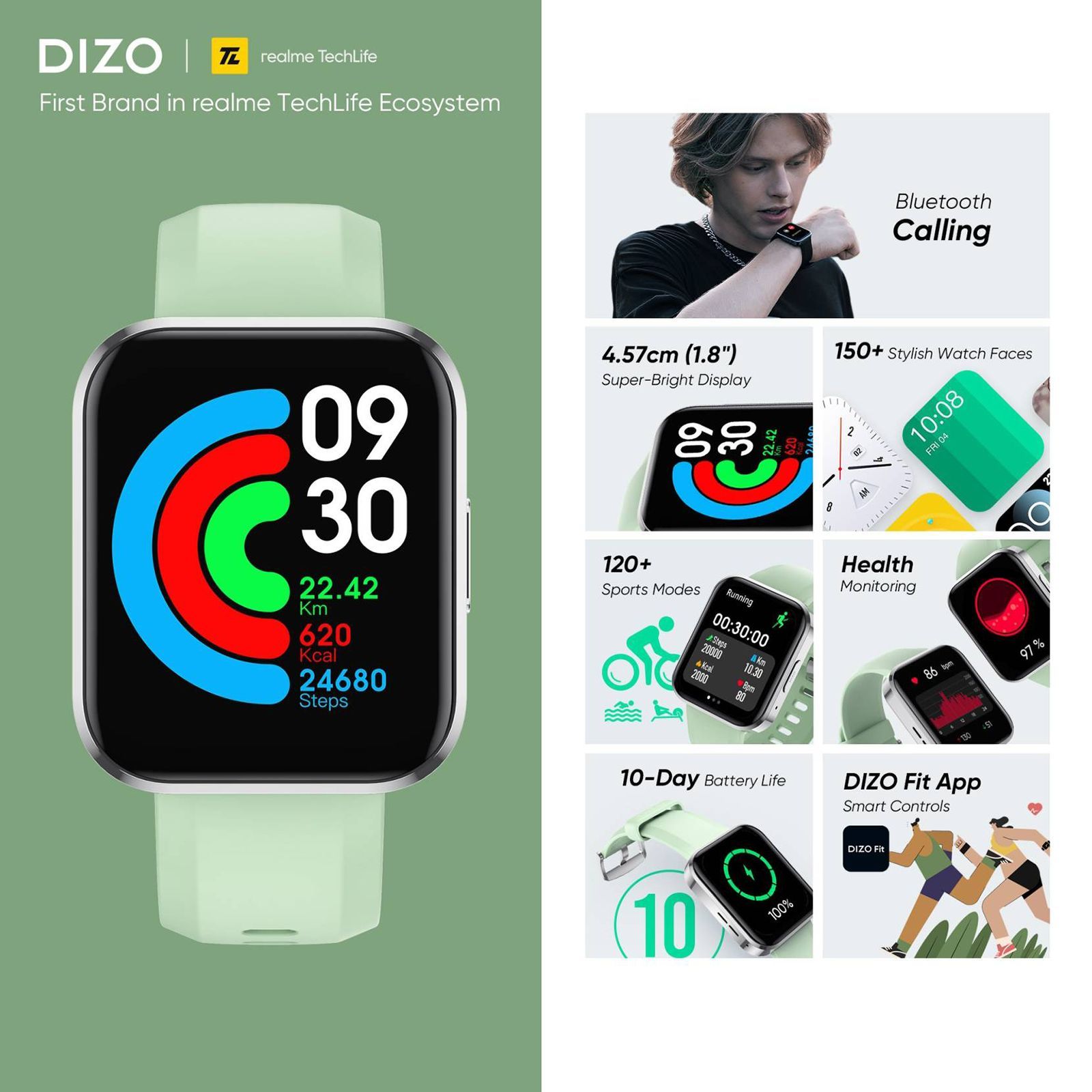 DIZO D Talk DW32051 Smartwatch with Bluetooth Calling (45.7mm Display, Water Resistant, Light Green Strap)_2
