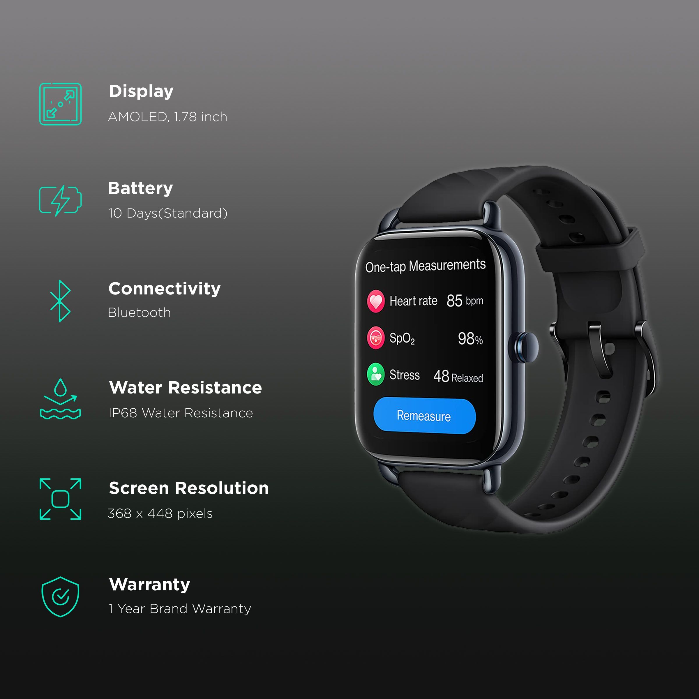 OnePlus Nord Smartwatch with Activity Tracker (45mm AMOLED Display, IP68 Water Resistant, Midnight Black Strap)_2