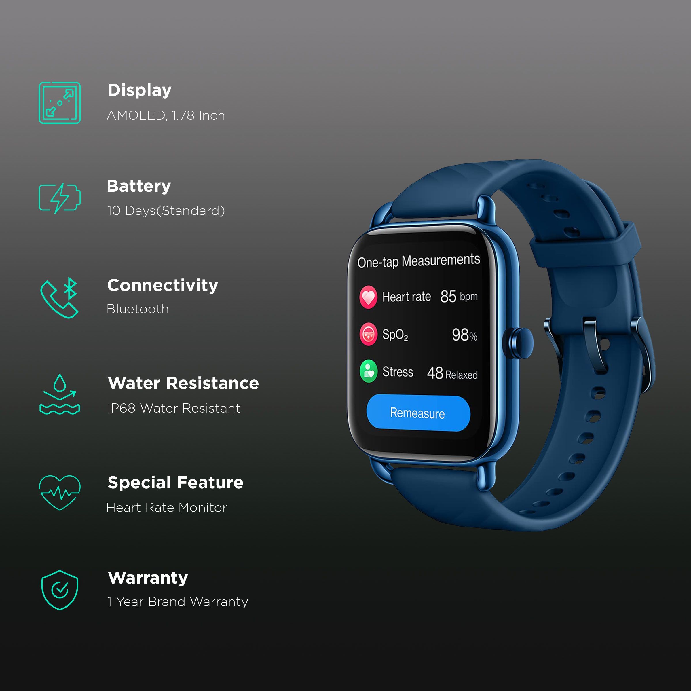 OnePlus Nord Smartwatch with Activity Tracker (45mm AMOLED Display, IP68 Water Resistant, Deep Blue Strap)_2