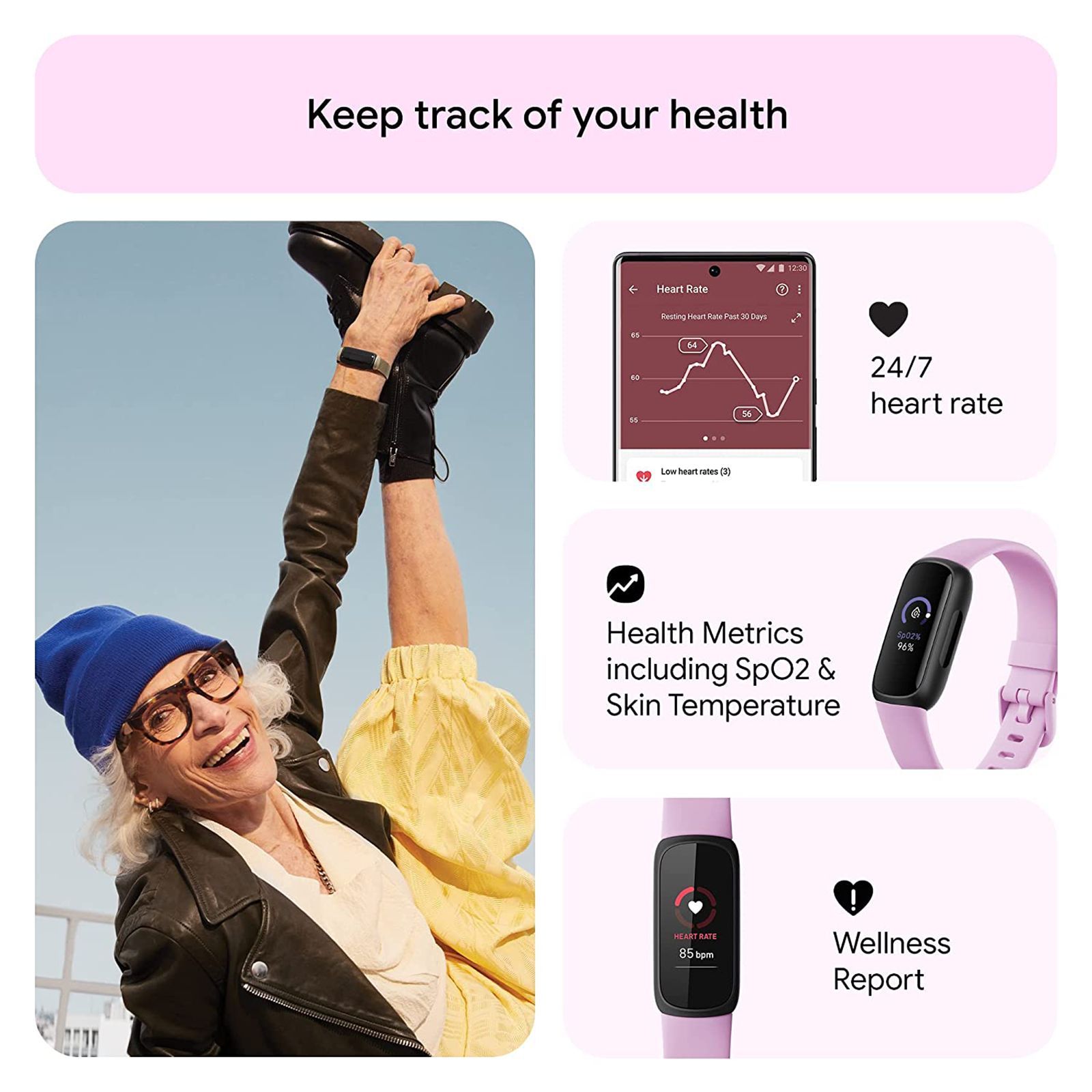 fitbit Inspire 3 Fitness Tracker with Stress Management (0.74 Inch Always-On AMOLED Display, Water Resistant, Lilac Bliss Strap)_8