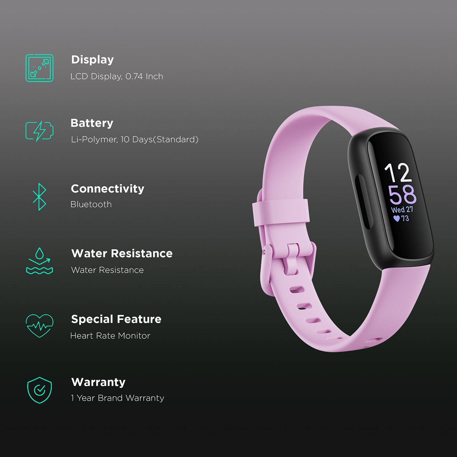 fitbit Inspire 3 Fitness Tracker with Stress Management (0.74 Inch Always-On AMOLED Display, Water Resistant, Lilac Bliss Strap)_3