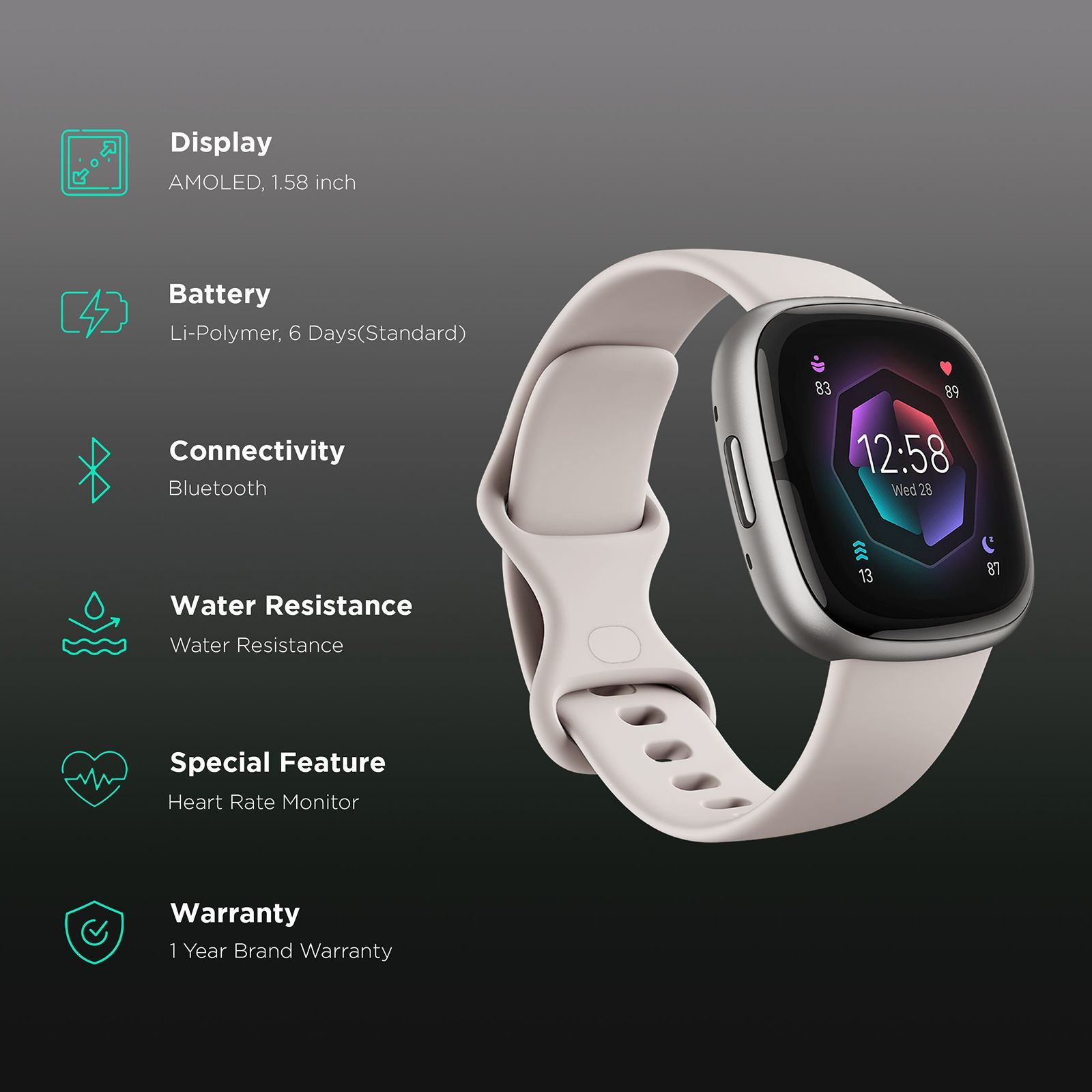 fitbit Sense 2 Smartwatch with Stress Management (1.58 Inch Always-On AMOLED Display, Water Resistant, Lunar White Strap)_3