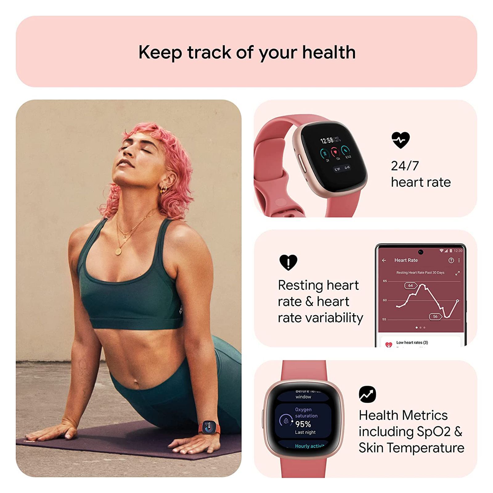 fitbit Versa 4 Smartwatch with Sleep Tools (1.58 Inch Always-On AMOLED Display, Water Resistant, Pink Sand Strap)_9