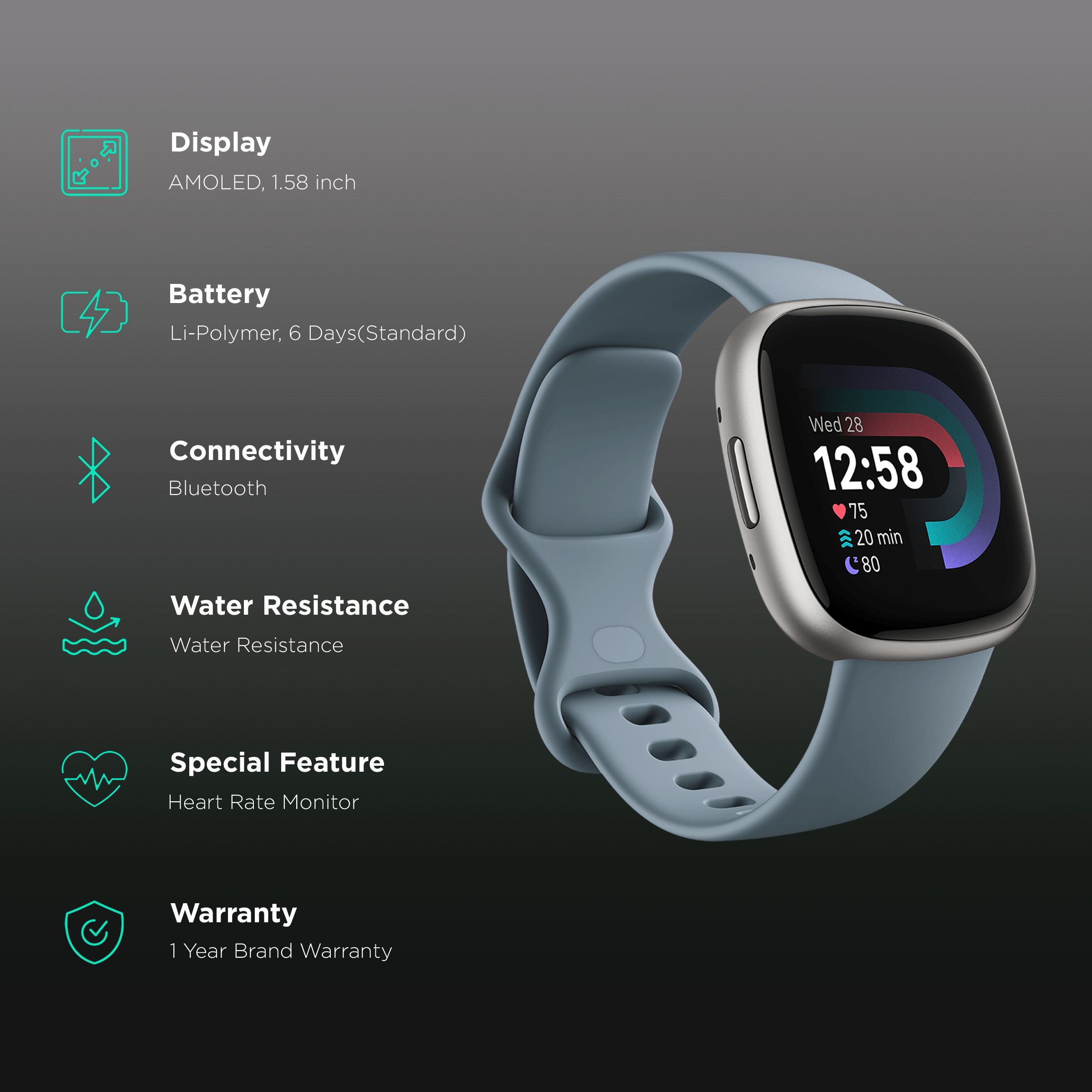 fitbit Versa 4 Smartwatch with Sleep Tools (1.58 Inch Always-On AMOLED Display, Water Resistant, Waterfall Blue Strap)_2