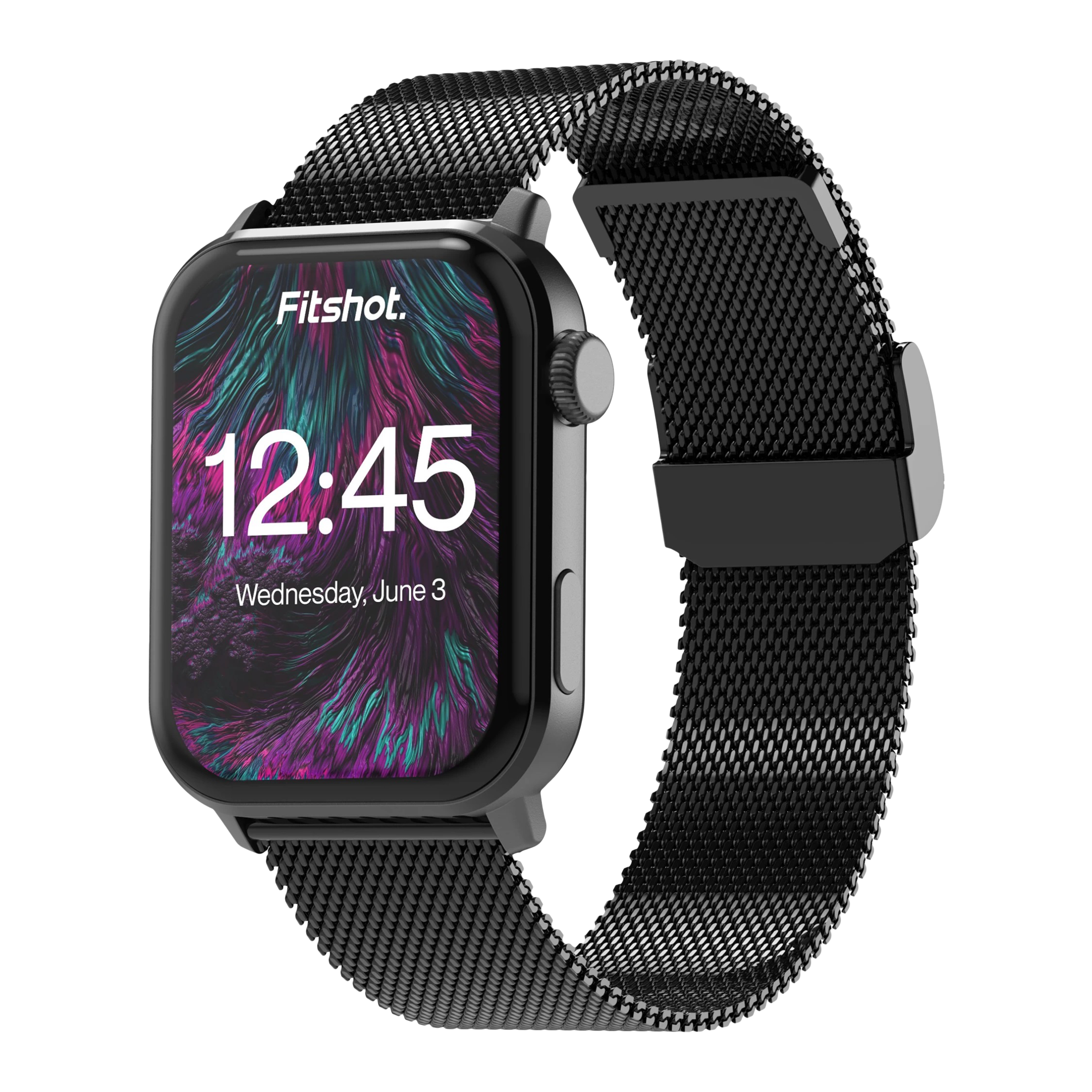 Fitshot Crystal Smartwatch with Bluetooth Calling (45.72mm AMOLED Display, IP68 Water Resistant, Metallic Black Strap)_1