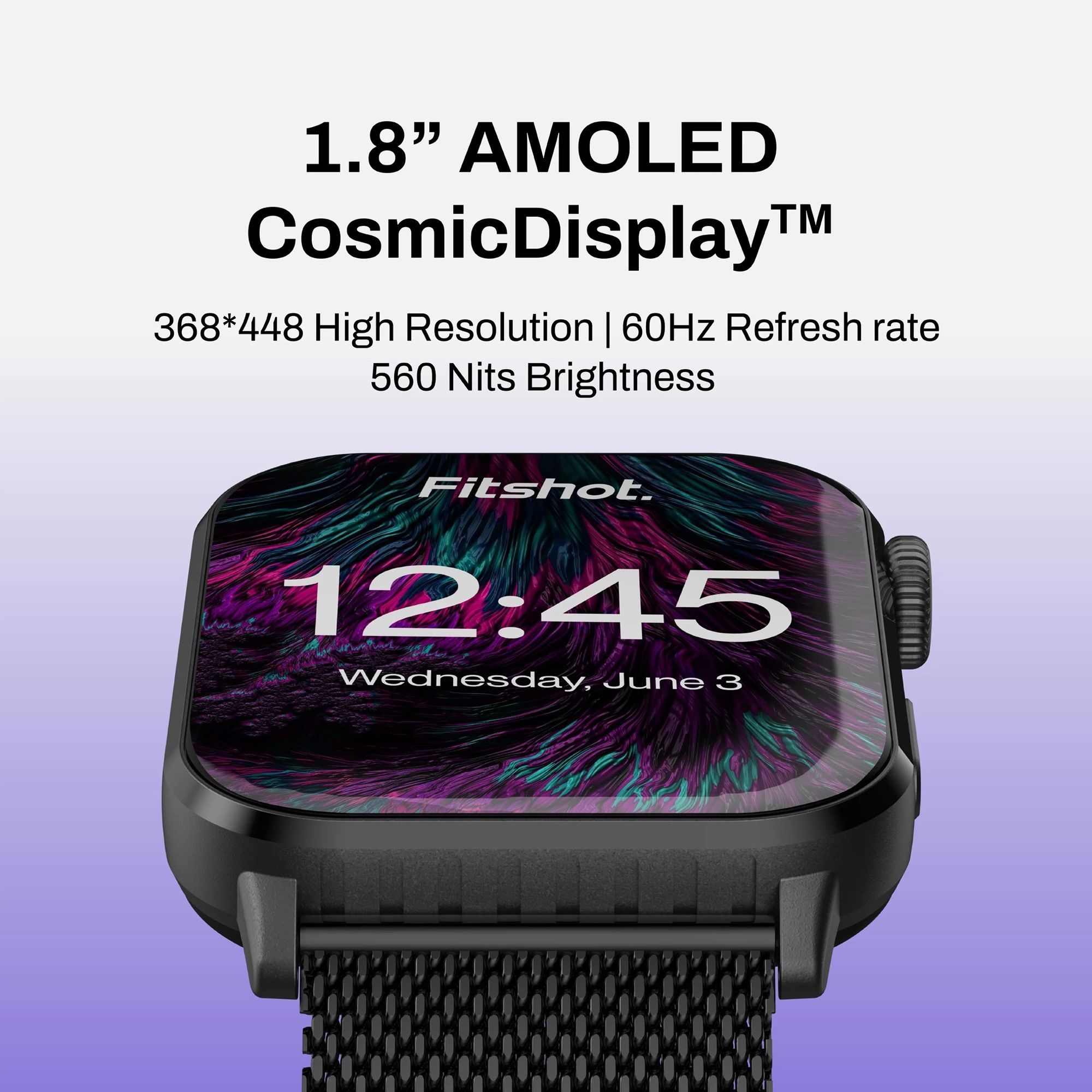 Fitshot Crystal Smartwatch with Bluetooth Calling (45.72mm AMOLED Display, IP68 Water Resistant, Metallic Black Strap)_7
