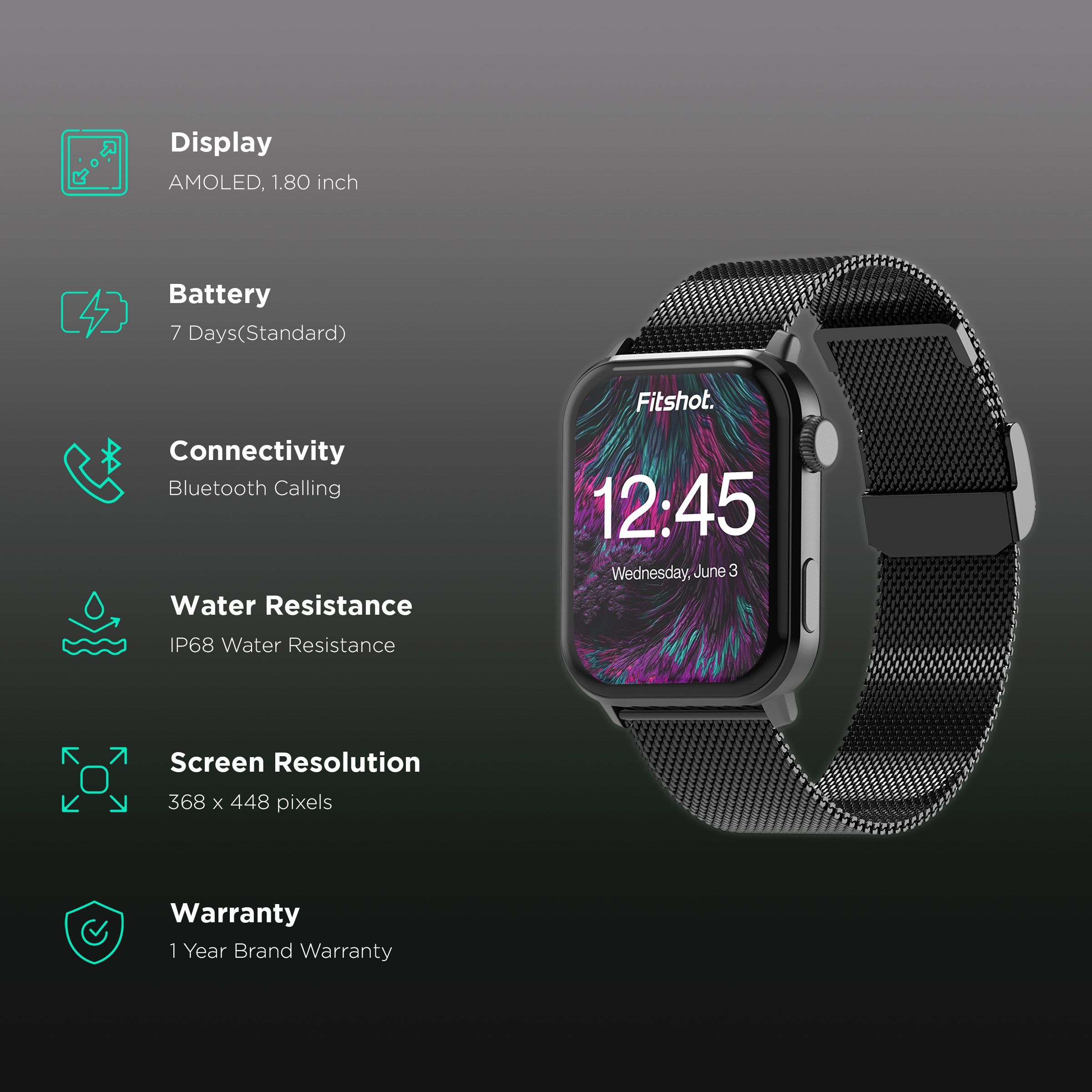 Fitshot Crystal Smartwatch with Bluetooth Calling (45.72mm AMOLED Display, IP68 Water Resistant, Metallic Black Strap)_2