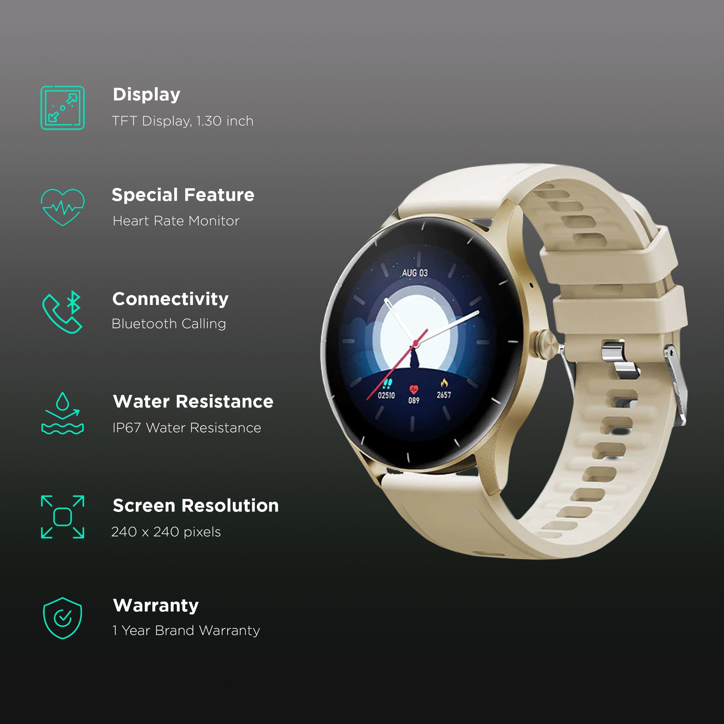 FIRE-BOLTT Rocket BSW093 Smartwatch with Bluetooth Calling (33mm TFT Display, IP67 Water Resistant, Champagne Gold Strap)_2