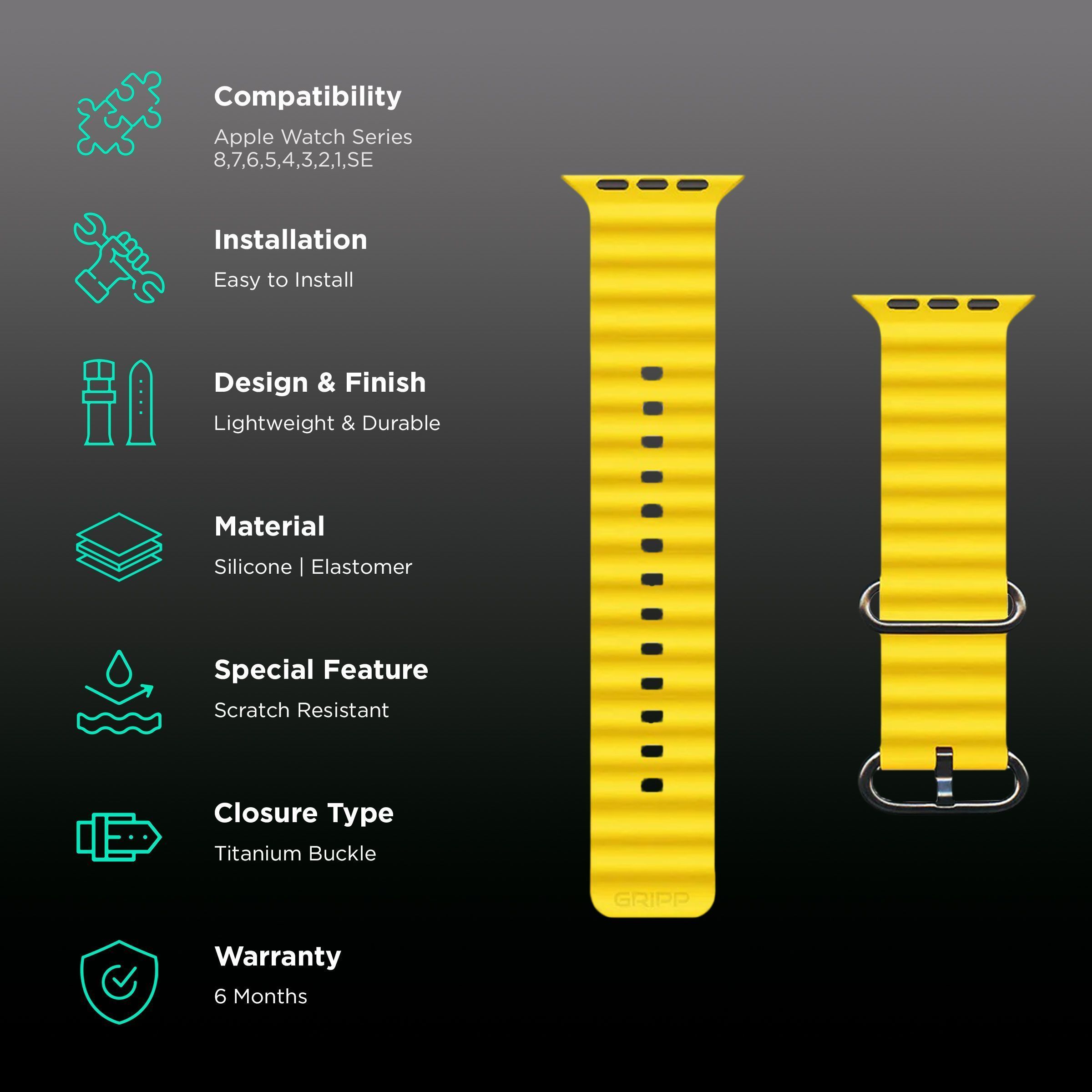 GRIPP Solo Silicon & Titanium Strap for Apple Watch Ultra 2, Ultra, Watch Series SE, 4, 5, 6, 7, 8, 9 & 10 (44mm / 45mm / 46mm / 49mm) (Water Resistant, Yellow)_2