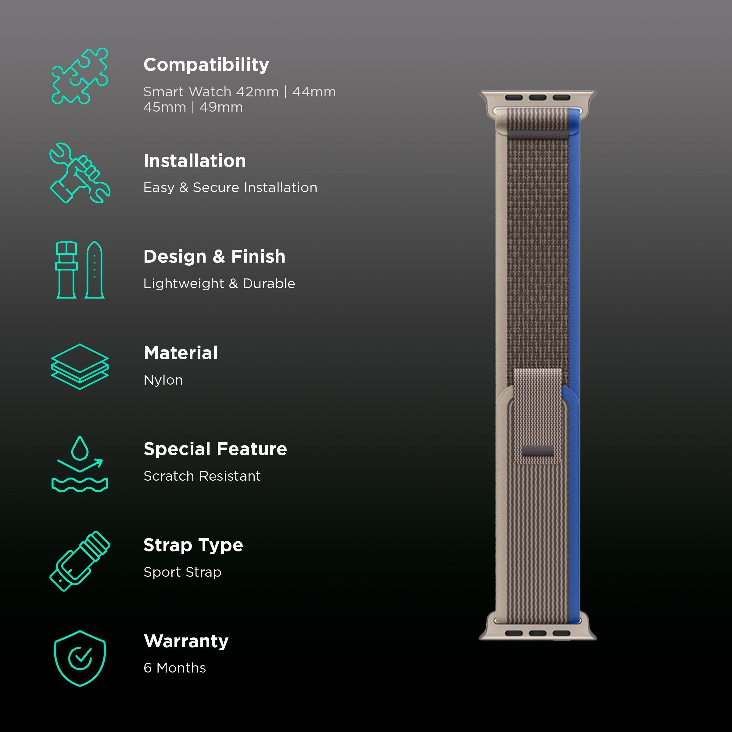 GRIPP Brut Nylon Strap for Apple Watch Ultra 2, Ultra, Watch Series SE, 4, 5, 6, 7, 8, 9 & 10 (44mm / 45mm / 46mm / 49mm) (Perfect Fit & Convenient, Blue & Grey)_2