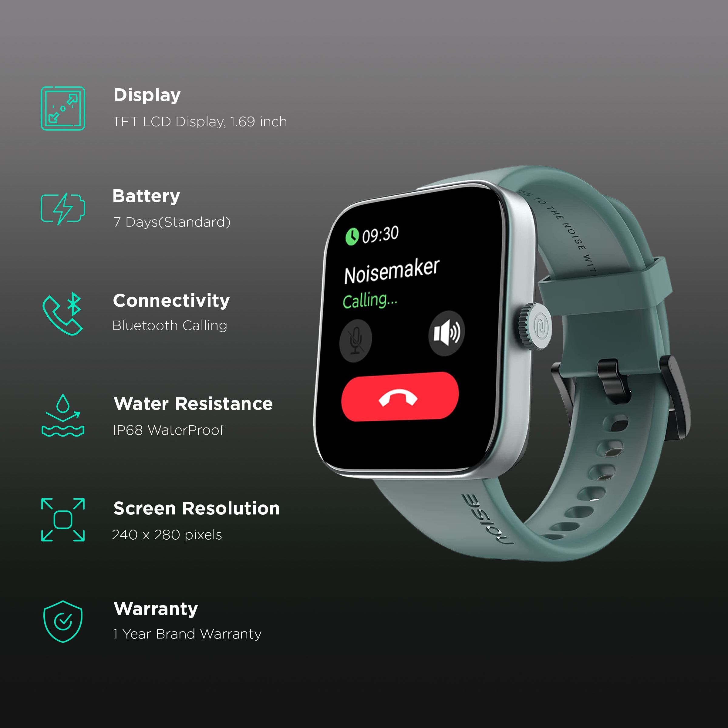 noise ColorFit Pulse Buzz Smartwatch with Bluetooth Calling (42.92mm TFT LCD Display, IP68 Waterproof, Olive Green Strap)_2