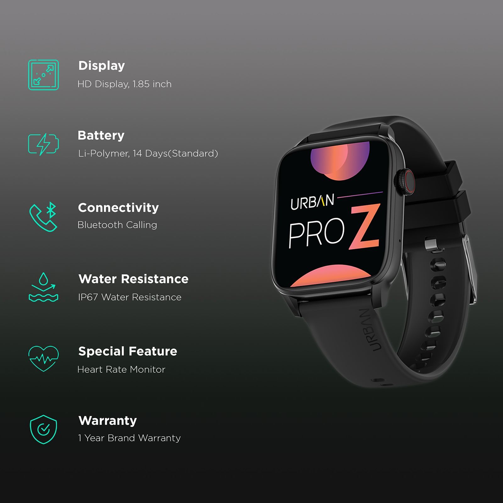 in base Urban Pro Z Smartwatch with Bluetooth Calling (46.9mm HD Display, IP67 Water Resistant, Black Strap)_2