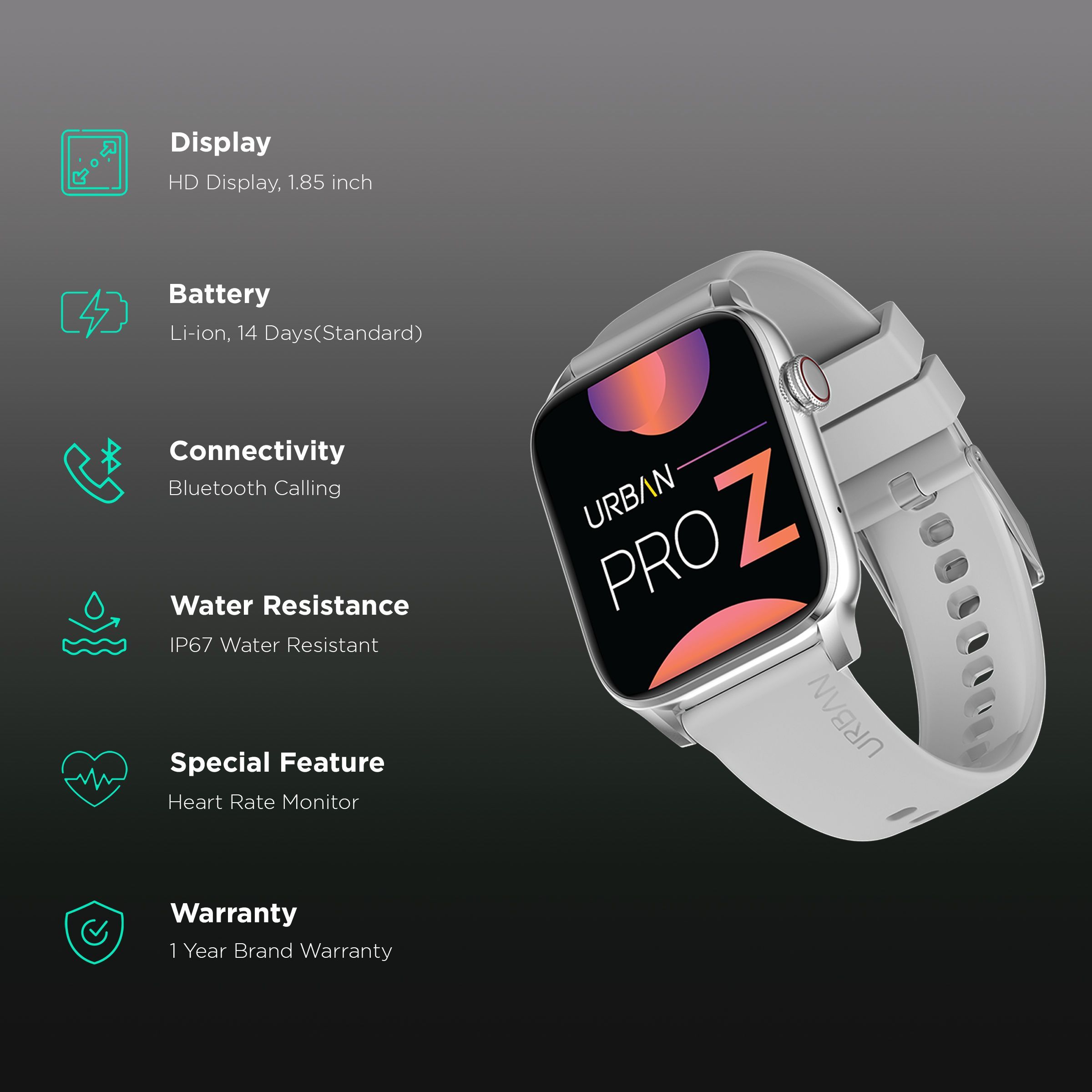 in base Urban Pro Z Smartwatch with Bluetooth Calling (46.9mm HD Display, IP67 Water Resistant, Grey Strap)_2