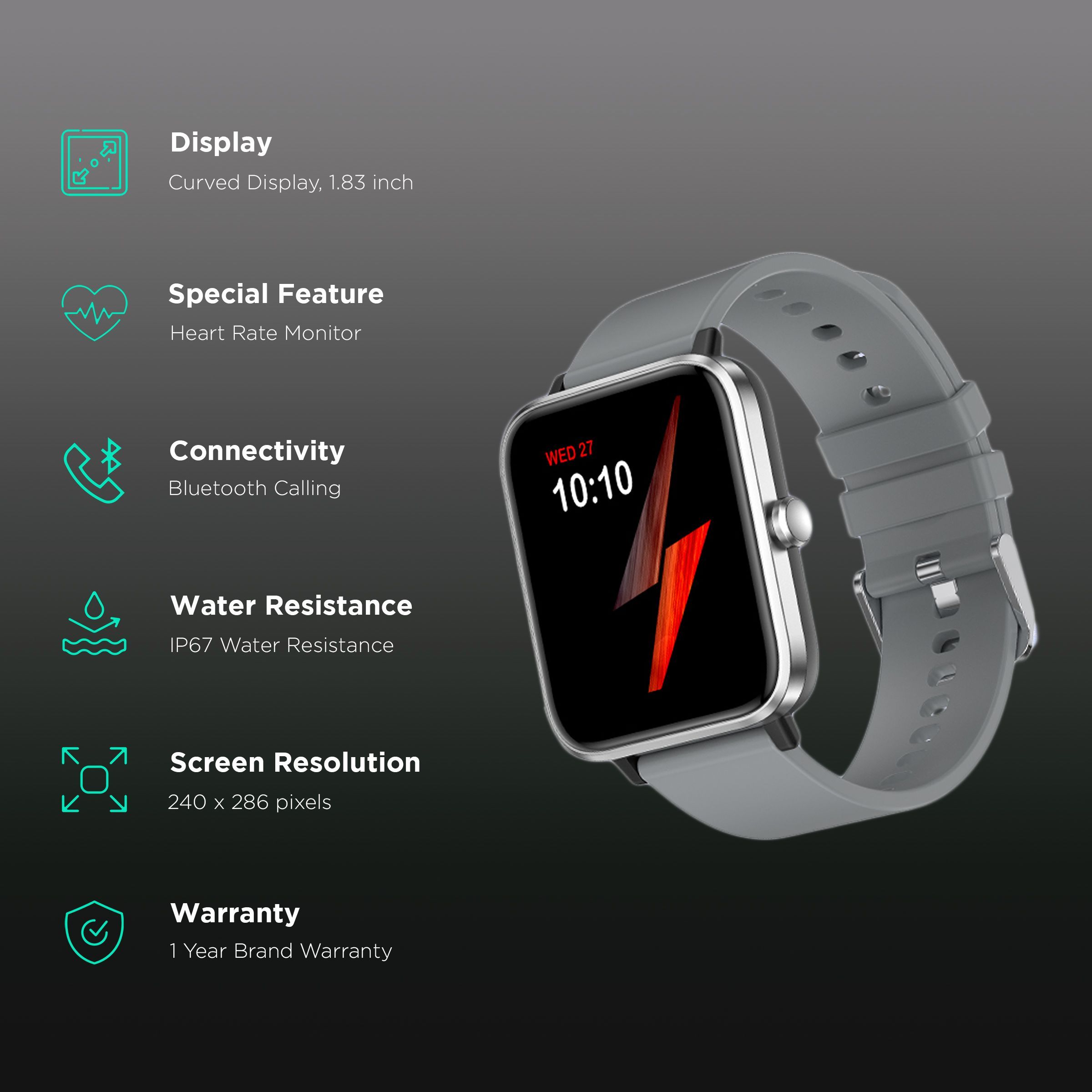 FIRE-BOLTT Tide Plus BSW120 Smartwatch with Bluetooth Calling (46.5mm Curved Display, IP67 Water Resistant, Grey Strap)_2