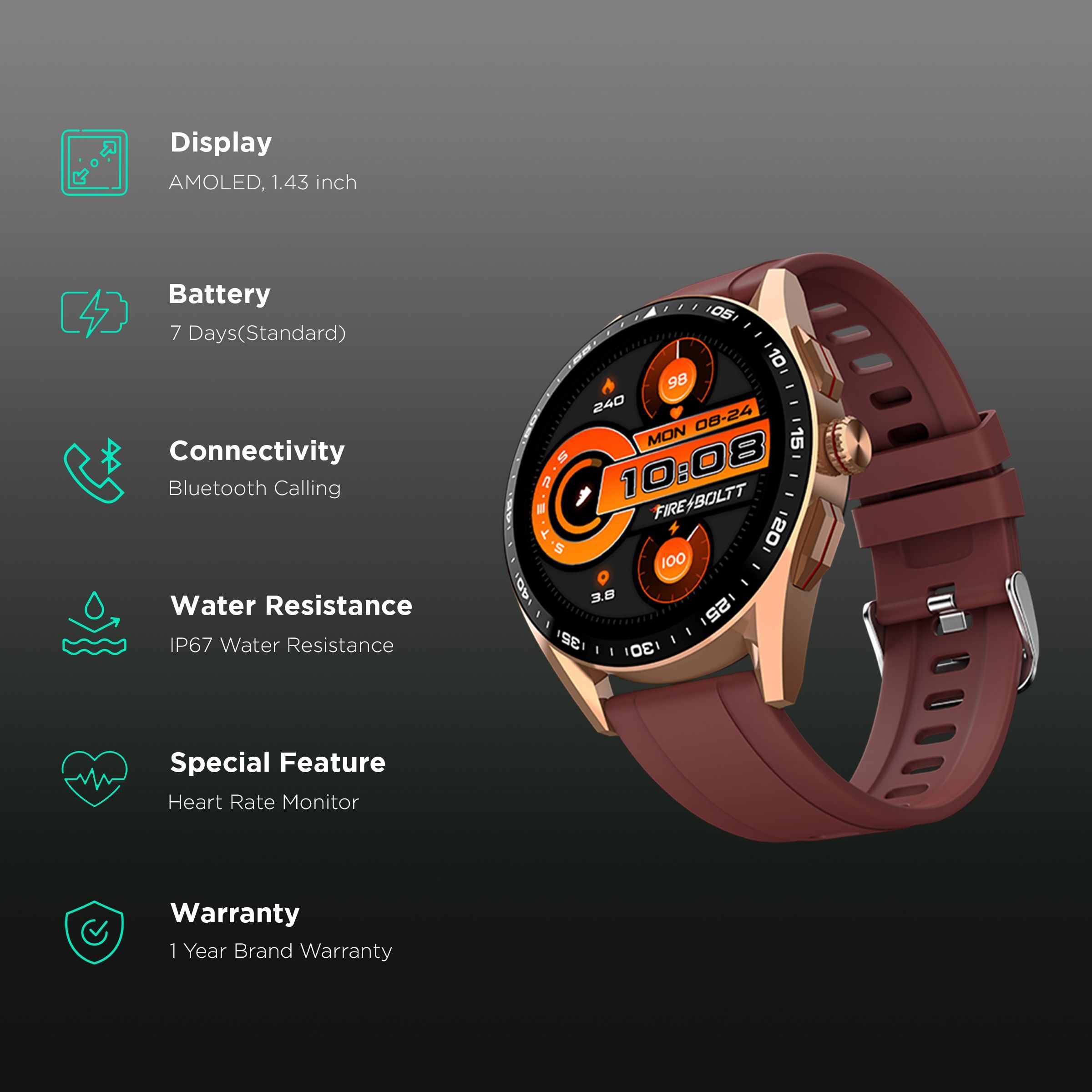 FIRE-BOLTT Invincible Plus Smartwatch with Bluetooth Calling (36.32mm AMOLED Display, IP67 Water Resistant, Rose Gold)_2