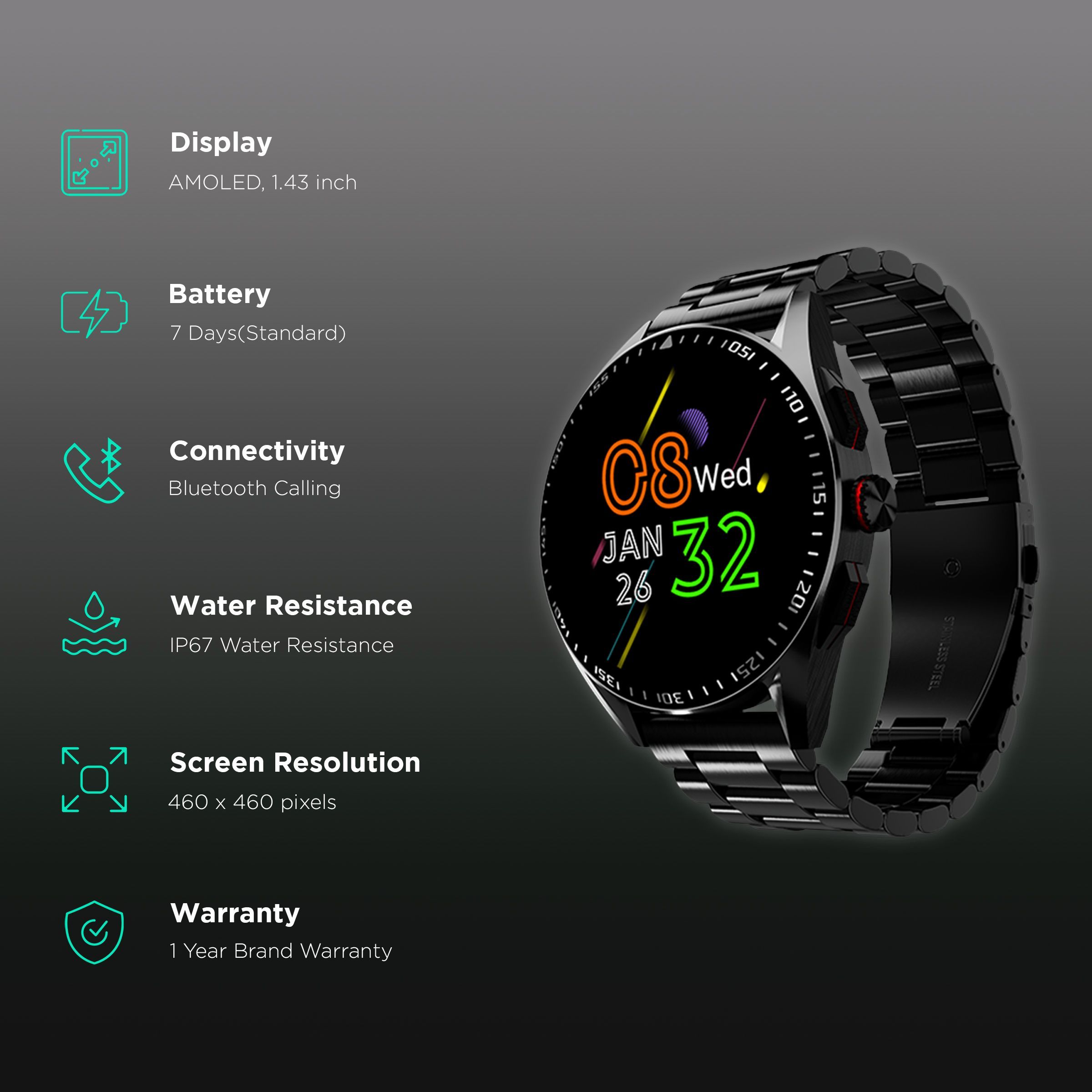 FIRE-BOLTT Invincible Plus Smartwatch with Bluetooth Calling (36.32mm AMOLED Display, IP67 Water Resistant, Black Strap)_2