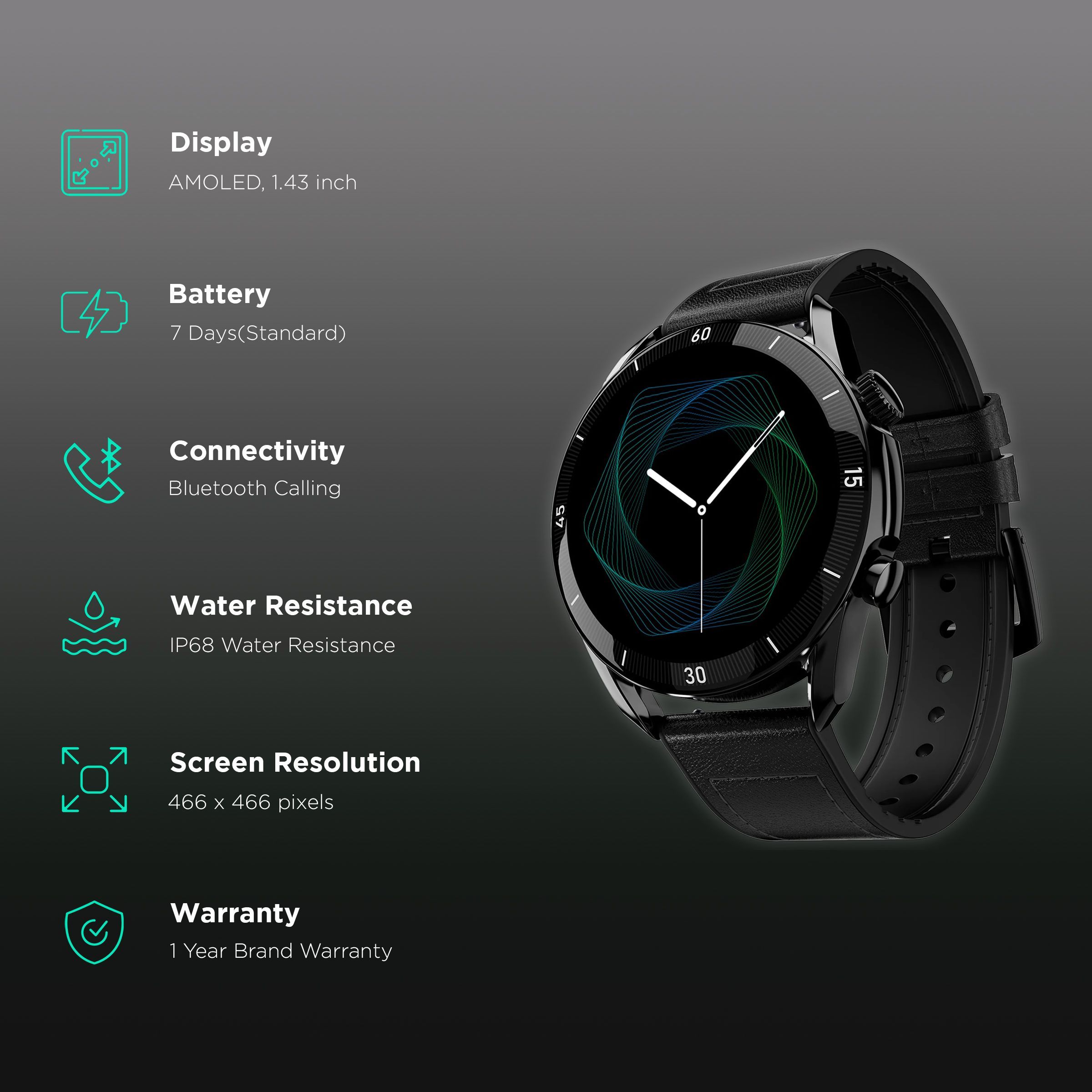 FIRE-BOLTT Legacy Smartwatch with Bluetooth Calling (36.32mm AMOLED Display, IP68 Water Resistant, Black Leather Strap)_2