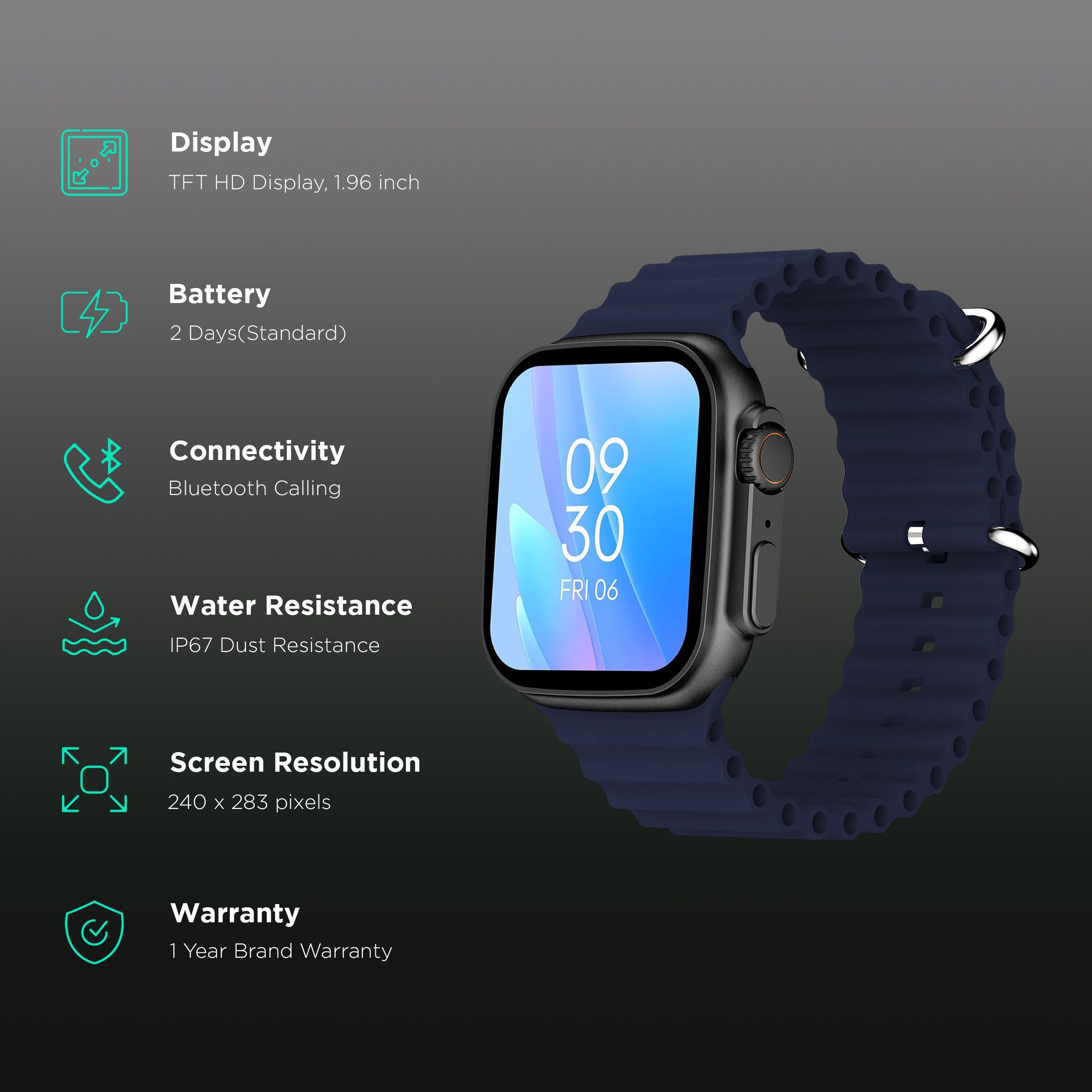 FIRE-BOLTT Warrior Smartwatch with Bluetooth Calling (49.7mm TFT HD Display, IP67 Water Resistant, Navy Blue Strap)_2