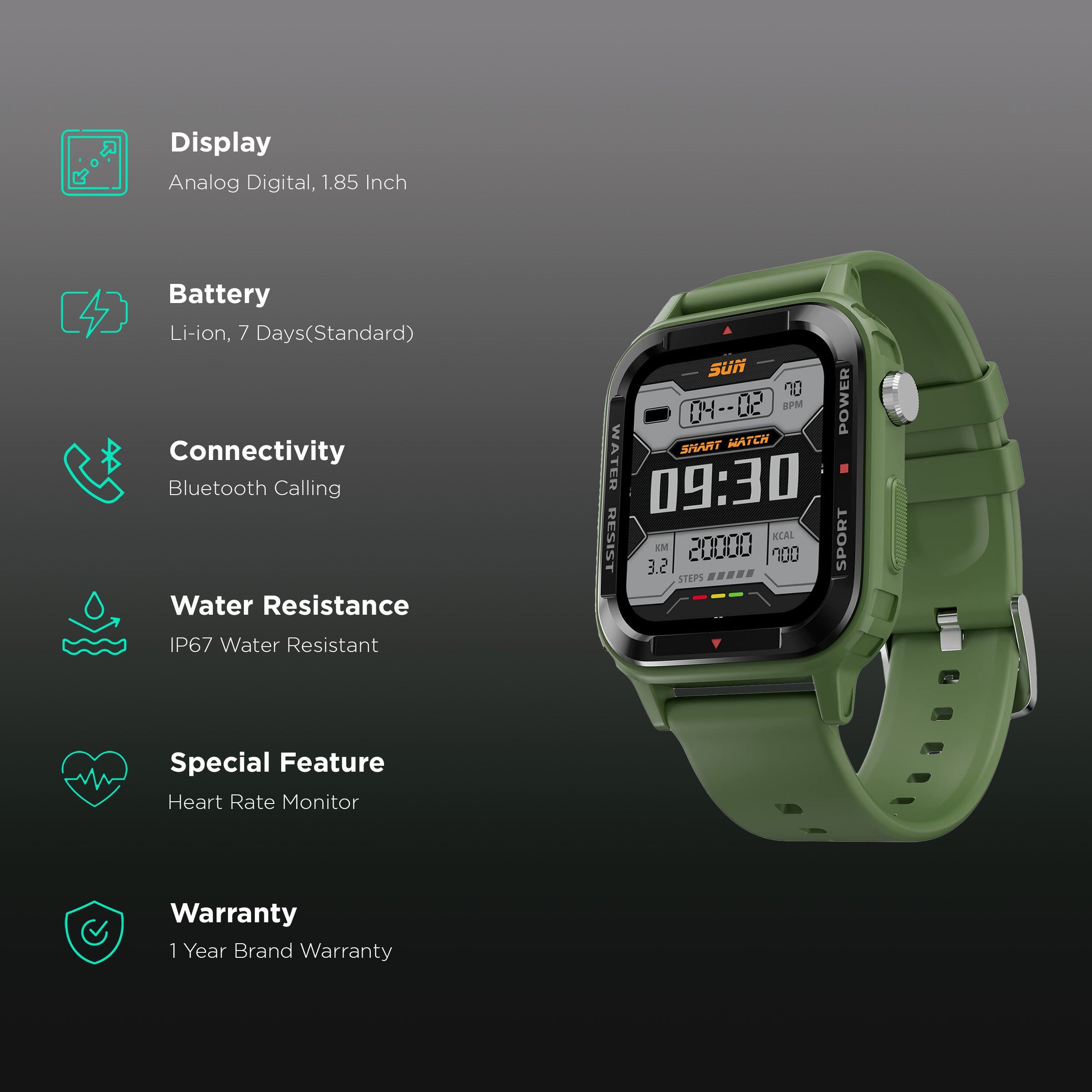 FIRE-BOLTT Tank Smartwatch with Bluetooth Calling (46.50mm Analog-Digital Display, IP67 Water Resistant, Green Strap)_2