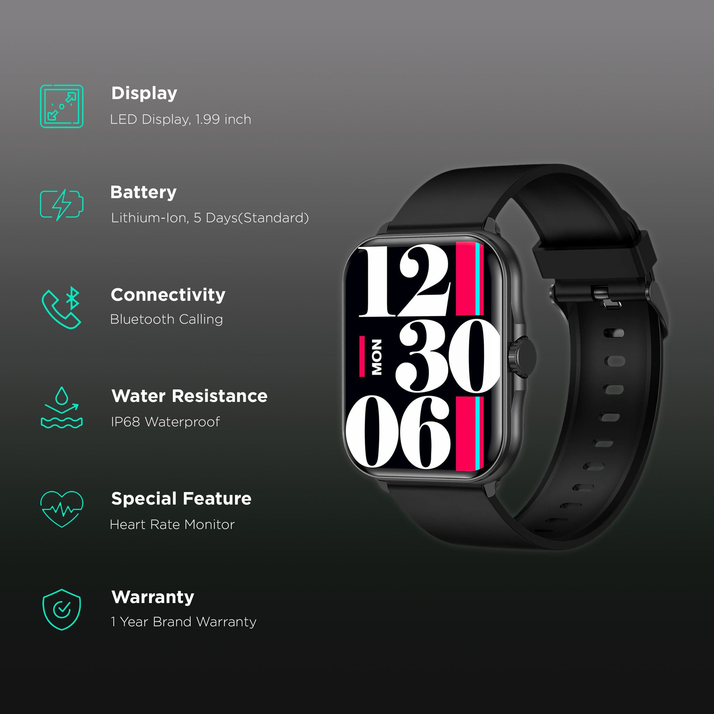 FIRE-BOLTT Eterno Smartwatch with Bluetooth Calling (50.55mm LED Display, IP68 Water Resistant, Black Strap)_2