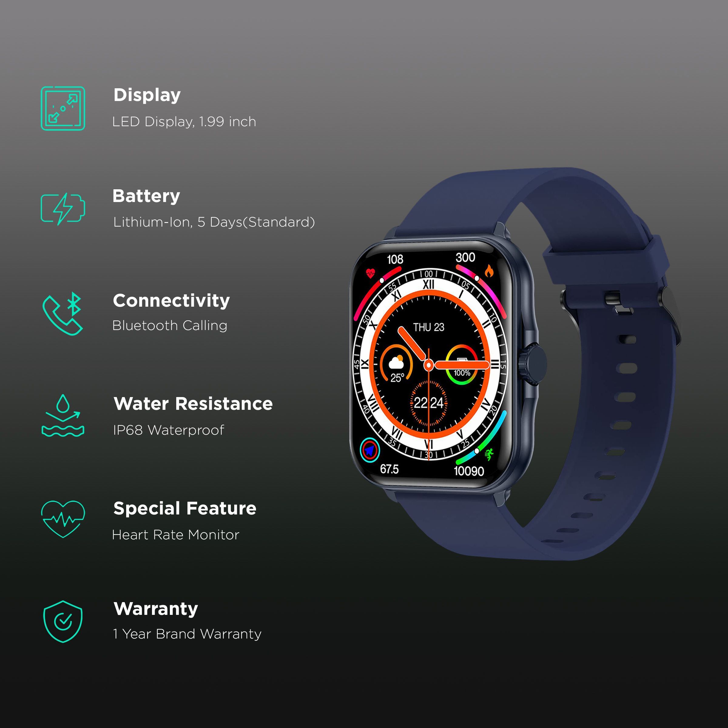 FIRE-BOLTT Eterno Smartwatch with Bluetooth Calling (50.55mm LED Display, IP68 Water Resistant, Blue Strap)_2