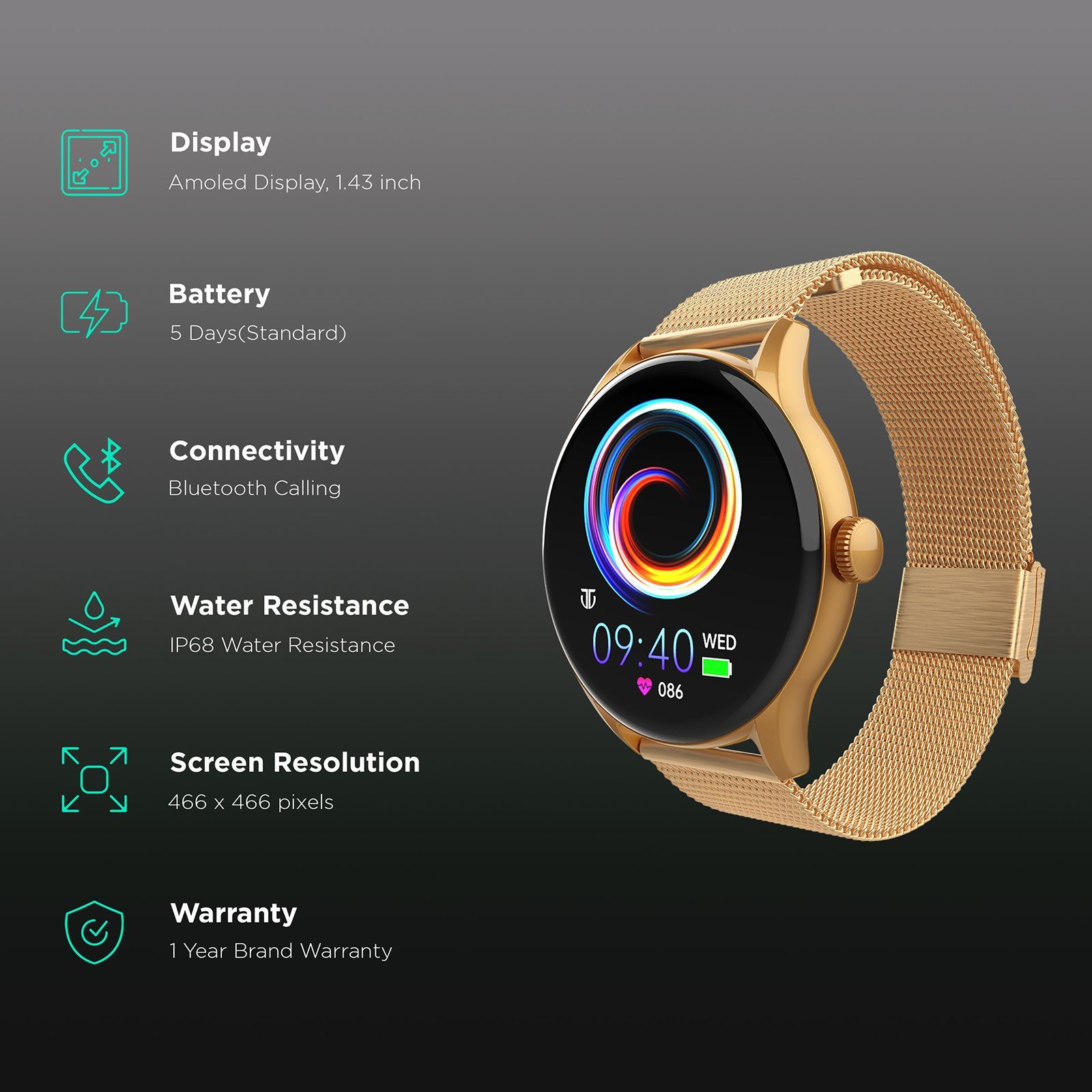 TITAN Evoke Smartwatch with Bluetooth Calling (36.32mm AMOLED Display, IP68 Water Resistant, Rose Gold Strap)_2