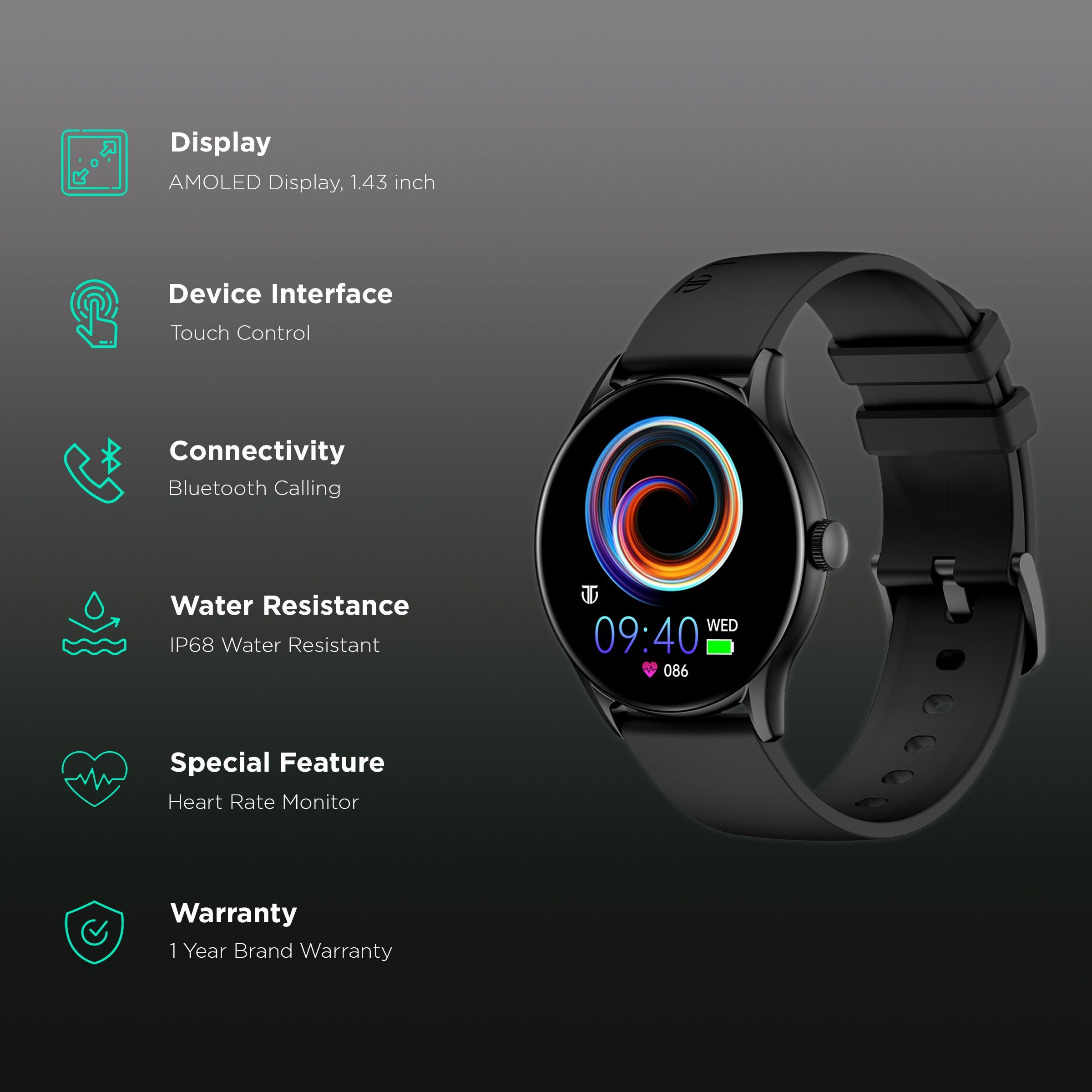 TITAN Evoke Smartwatch with Bluetooth Calling (36.32mm AMOLED Display, IP68 Water Resistant, Black Strap)_2