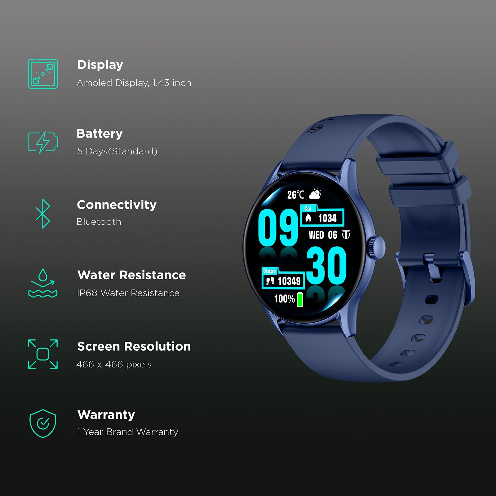 TITAN Evoke Smartwatch with Bluetooth Calling (36.32mm AMOLED Display, IP68 Water Resistant, Blue Strap)_2