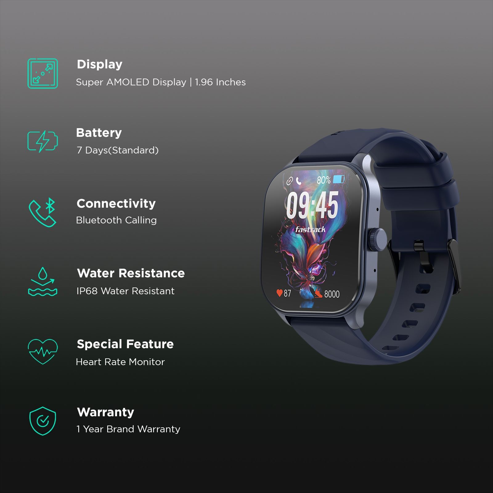 Fastrack Reflex Play Plus Power Smartwatch with Bluetooth Calling (49.78mm Super AMOLED Display, IP68 Water Resistant, Blue Strap)_2