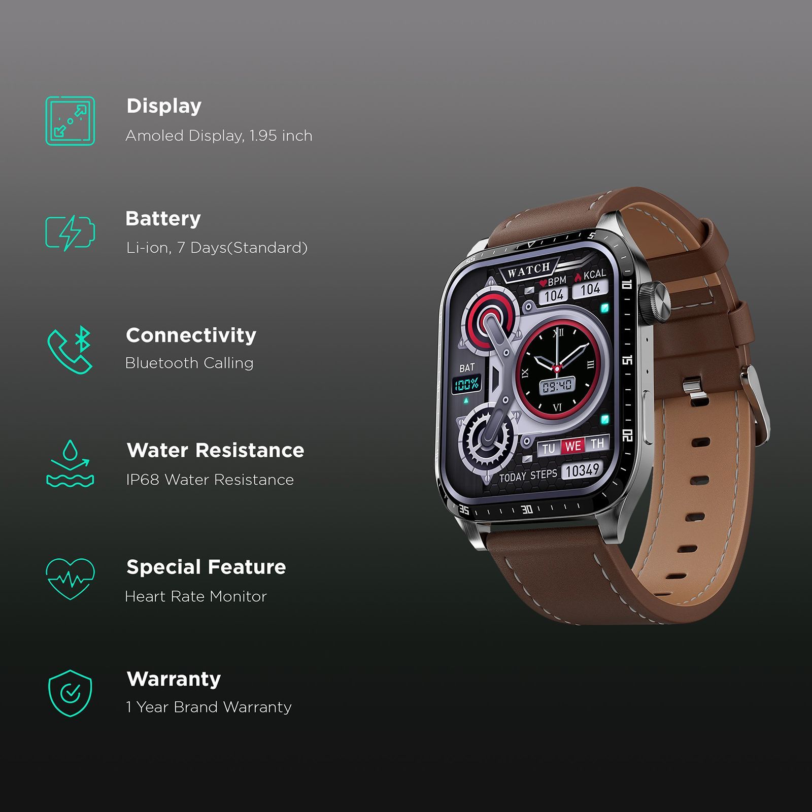FIRE-BOLTT Atlas Smartwatch with Bluetooth Calling (49.5mm TFT HD Display, IP68 Water Resistant, Brown Strap)_2