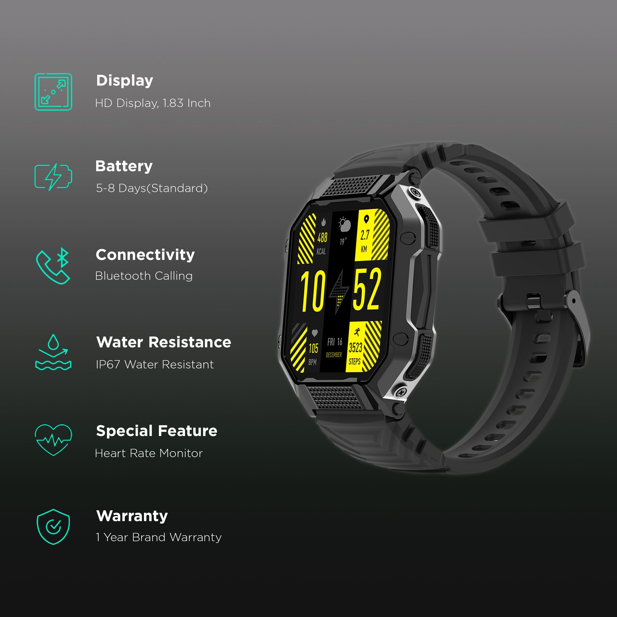FIRE-BOLTT Shark Smartwatch with Bluetooth Calling (46.4mm HD Display, IP67 Water Resistant, Black Strap)_2