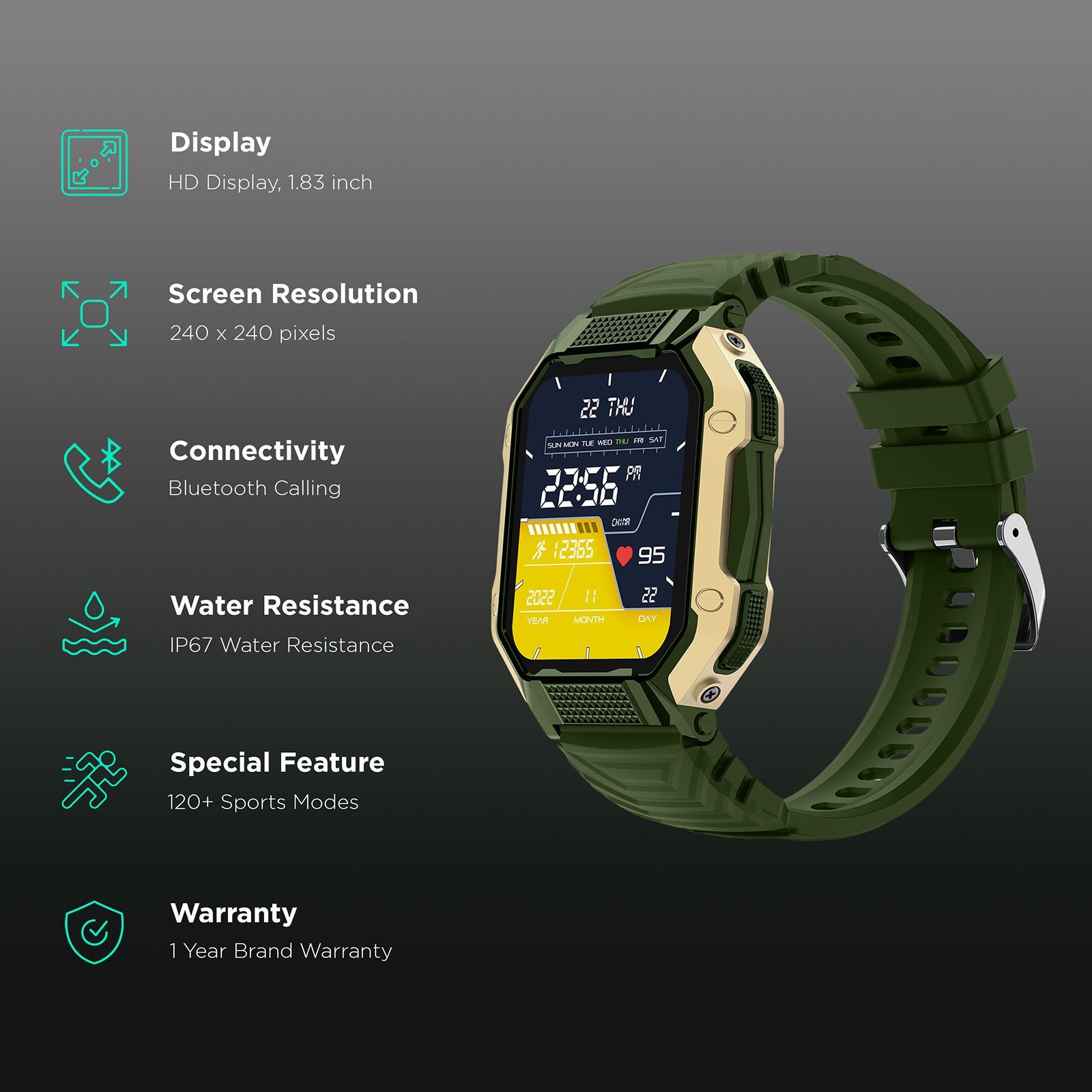 FIRE-BOLTT Shark Smartwatch with Bluetooth Calling (46.4mm HD Display, IP67 Water Resistant, Green Strap)_2
