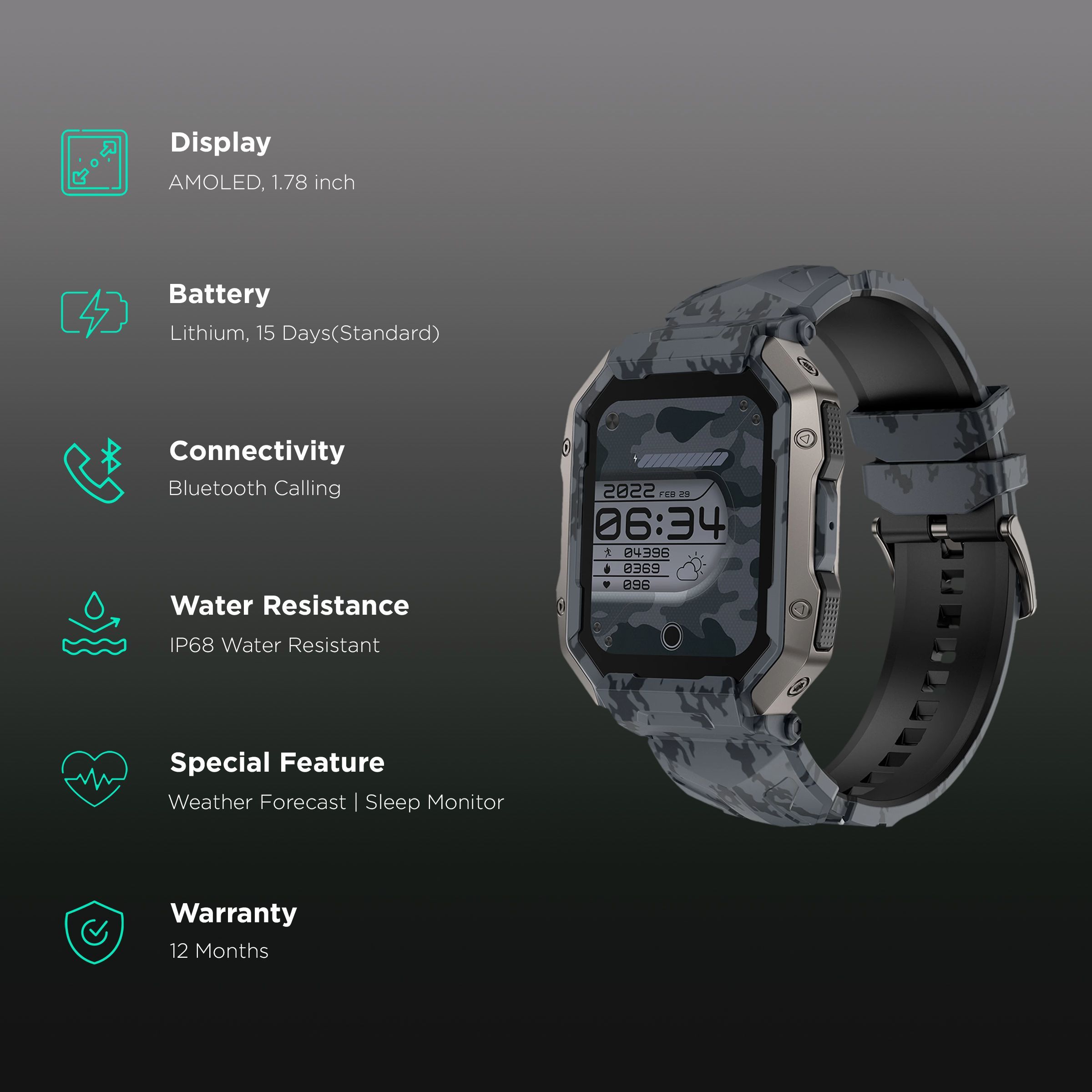 FIRE-BOLTT Cobra Smartwatch with Bluetooth Calling (45.21mm AMOLED Display, IP68 Water Resistant, Camo Black Strap)_2