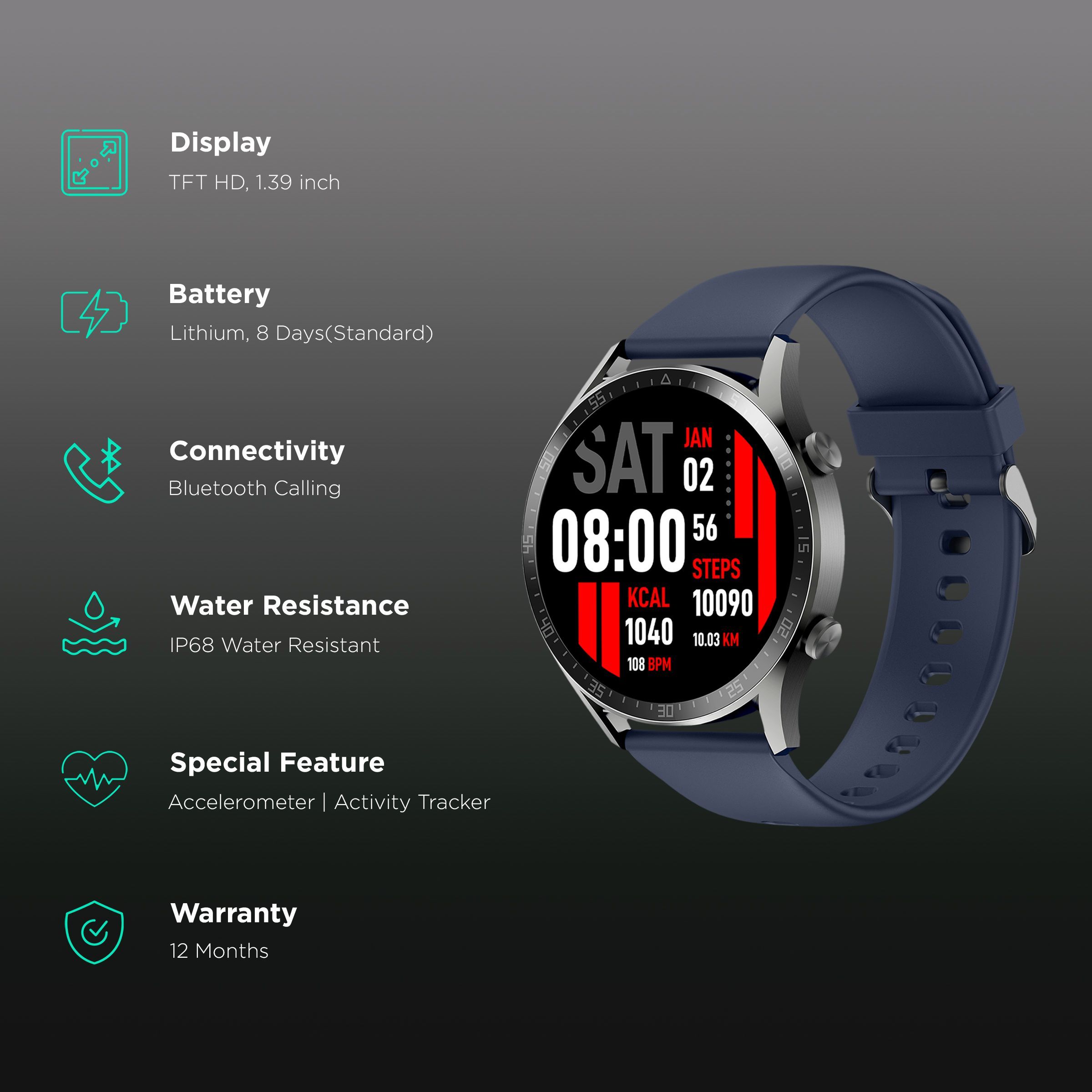 FIRE-BOLTT Talk 2 Pro Smartwatch with Bluetooth Calling (35.3mm TFT LCD Display, IP68 Water Resistant, Navy Blue Strap)_2