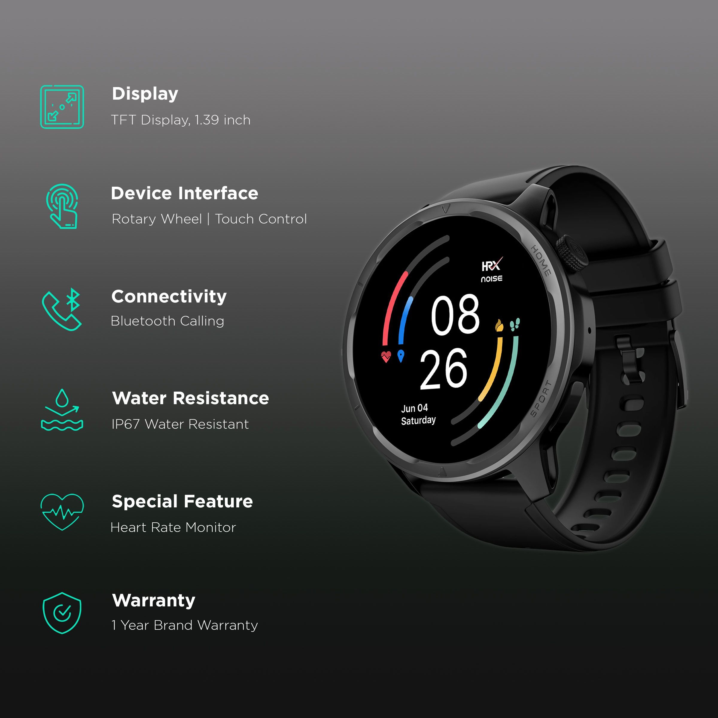 noise HRX Bounce Smartwatch with Bluetooth Calling (35.3mm TFT Display, IP67 Water Resistant, Jet Black Strap)_2