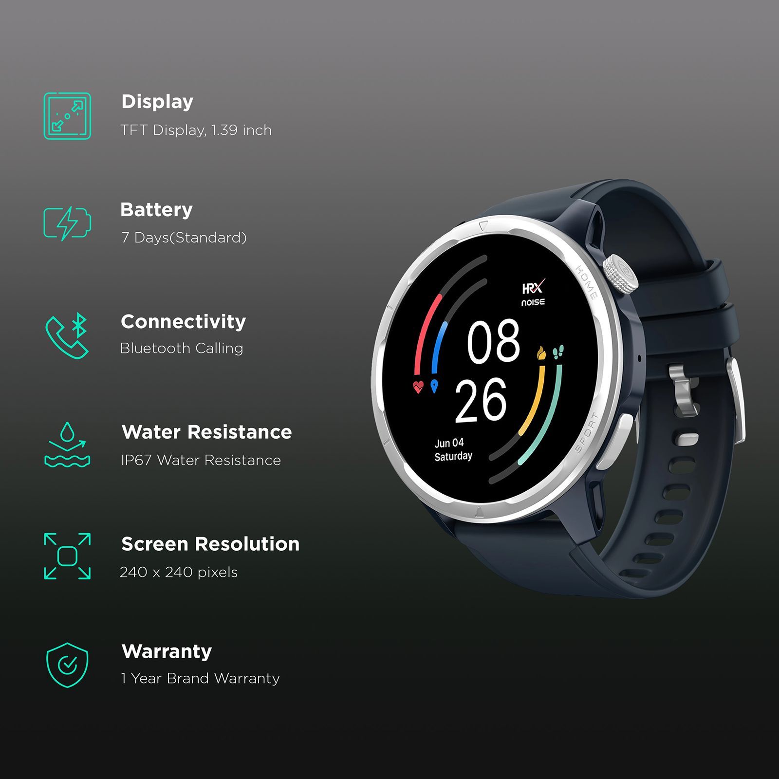 noise HRX Bounce Smartwatch with Bluetooth Calling (35.3mm TFT Display, IP67 Water Resistant, Midnight Blue Strap)_2