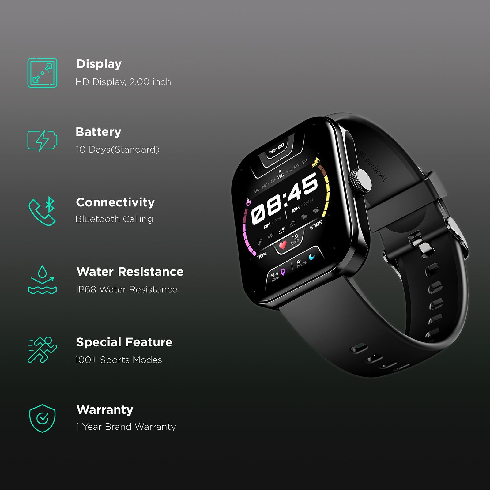 boAt Ultima Call Max Smartwatch with Bluetooth Calling (50.8mm HD Display, IP68 Water Resistant, Active Black Strap)_2