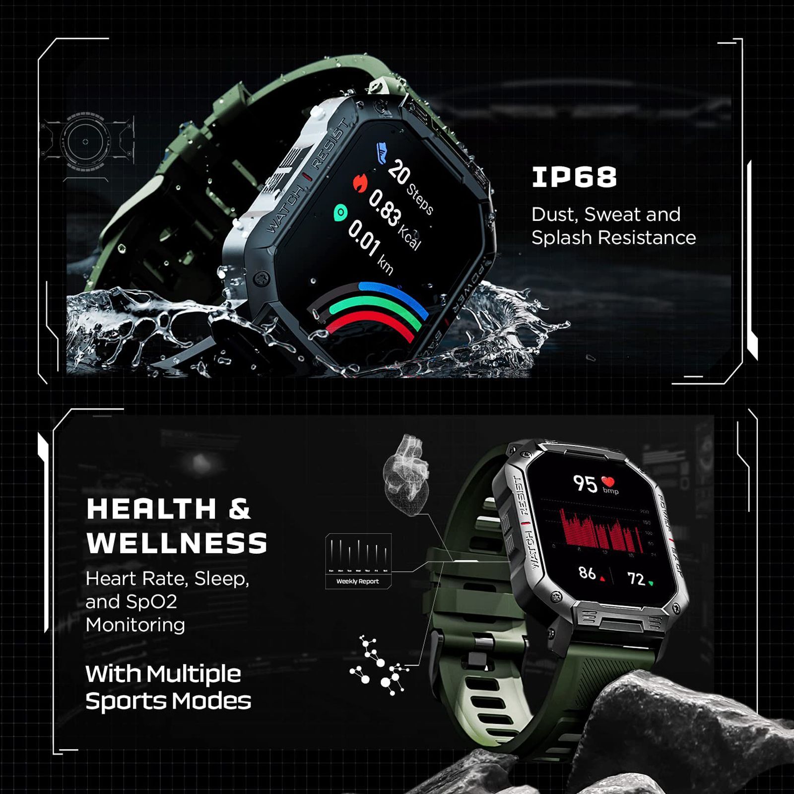 boAt Wave Armour Smartwatch with Bluetooth Calling (46.4mm HD Display, IP68 Sweat Resistant, Olive Green Strap)_6