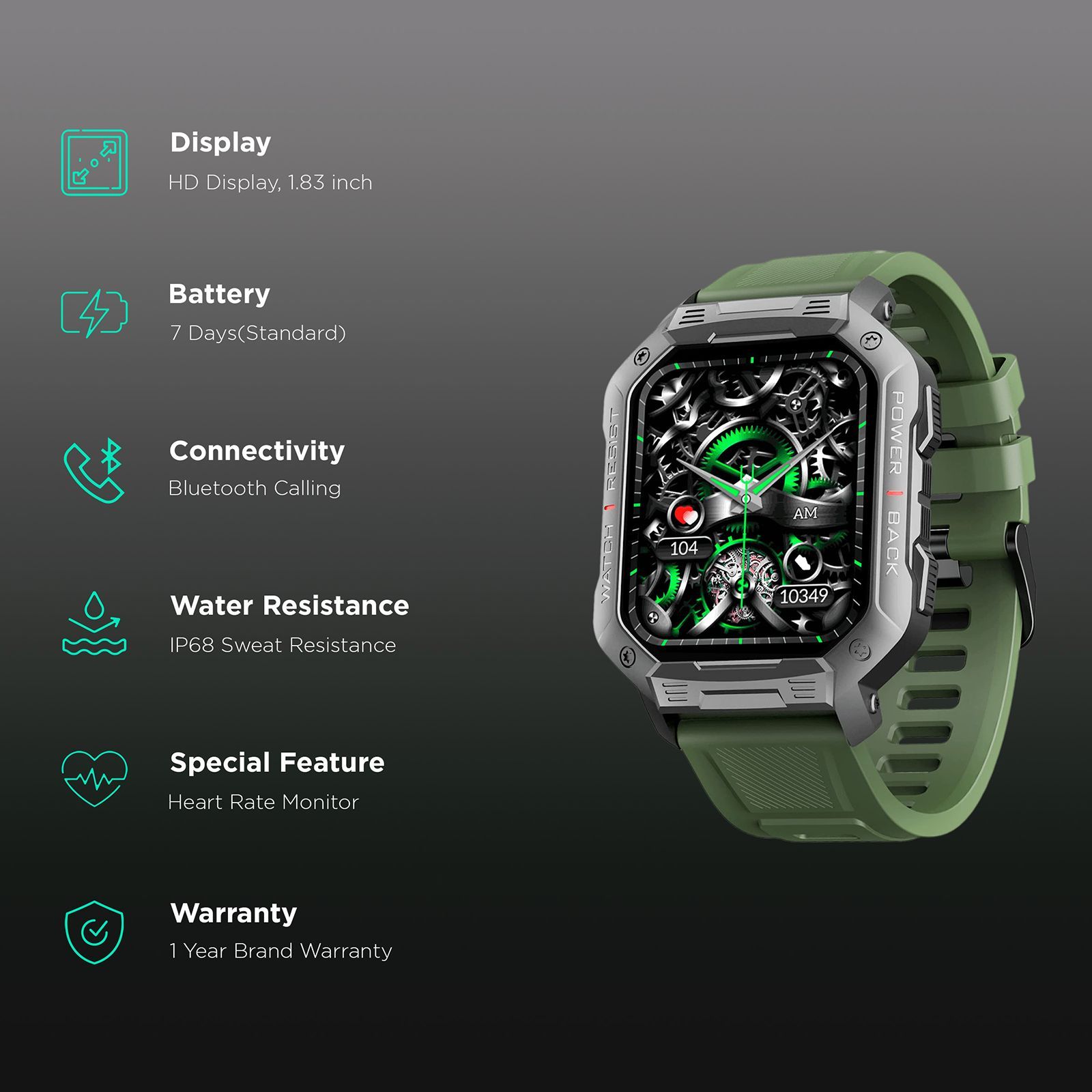 boAt Wave Armour Smartwatch with Bluetooth Calling (46.4mm HD Display, IP68 Sweat Resistant, Olive Green Strap)_2