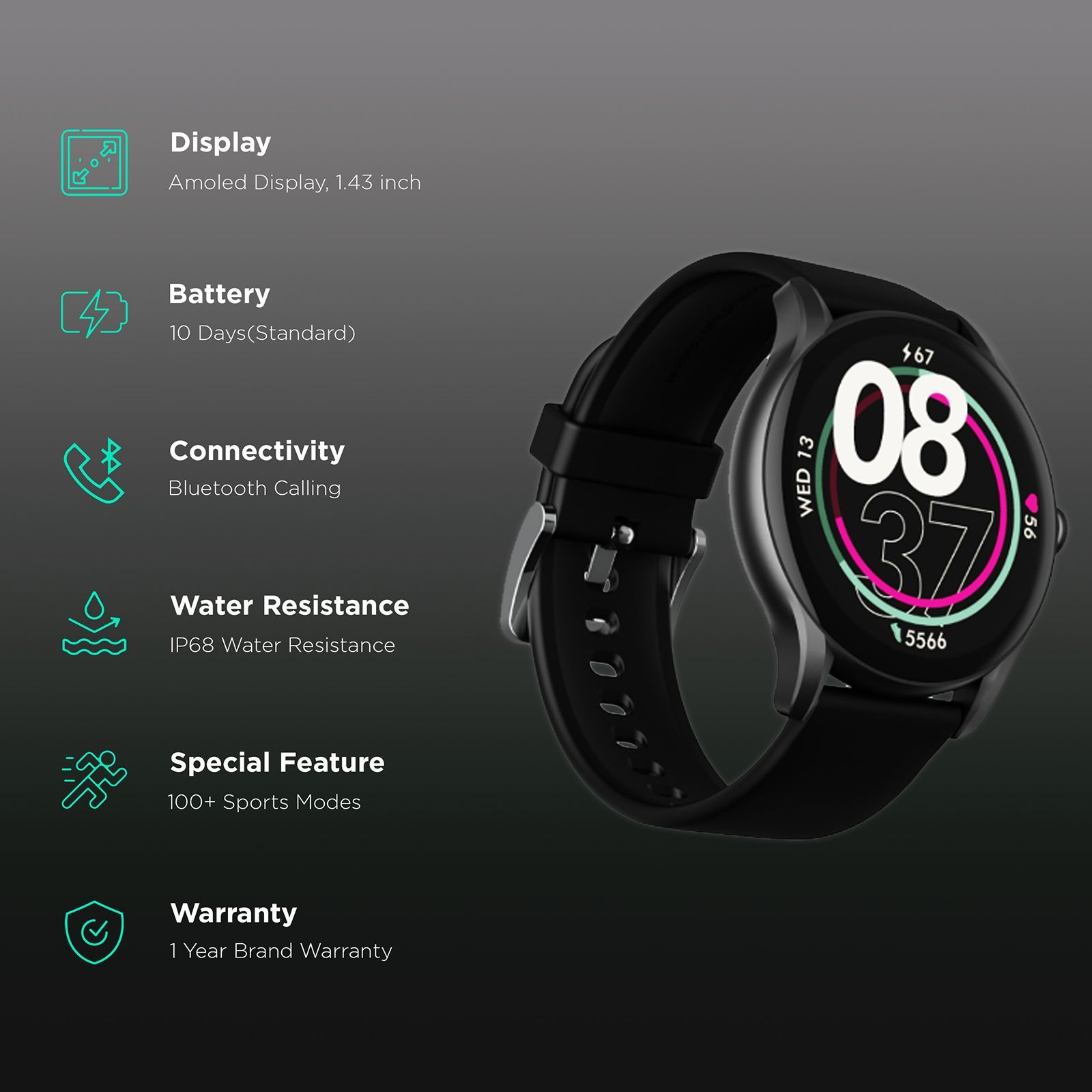 boAt Primia Ace Smartwatch with Bluetooth Calling (36.32 AMOLED Display, IP68 Water Resistant, Charcoal Black Strap)_2