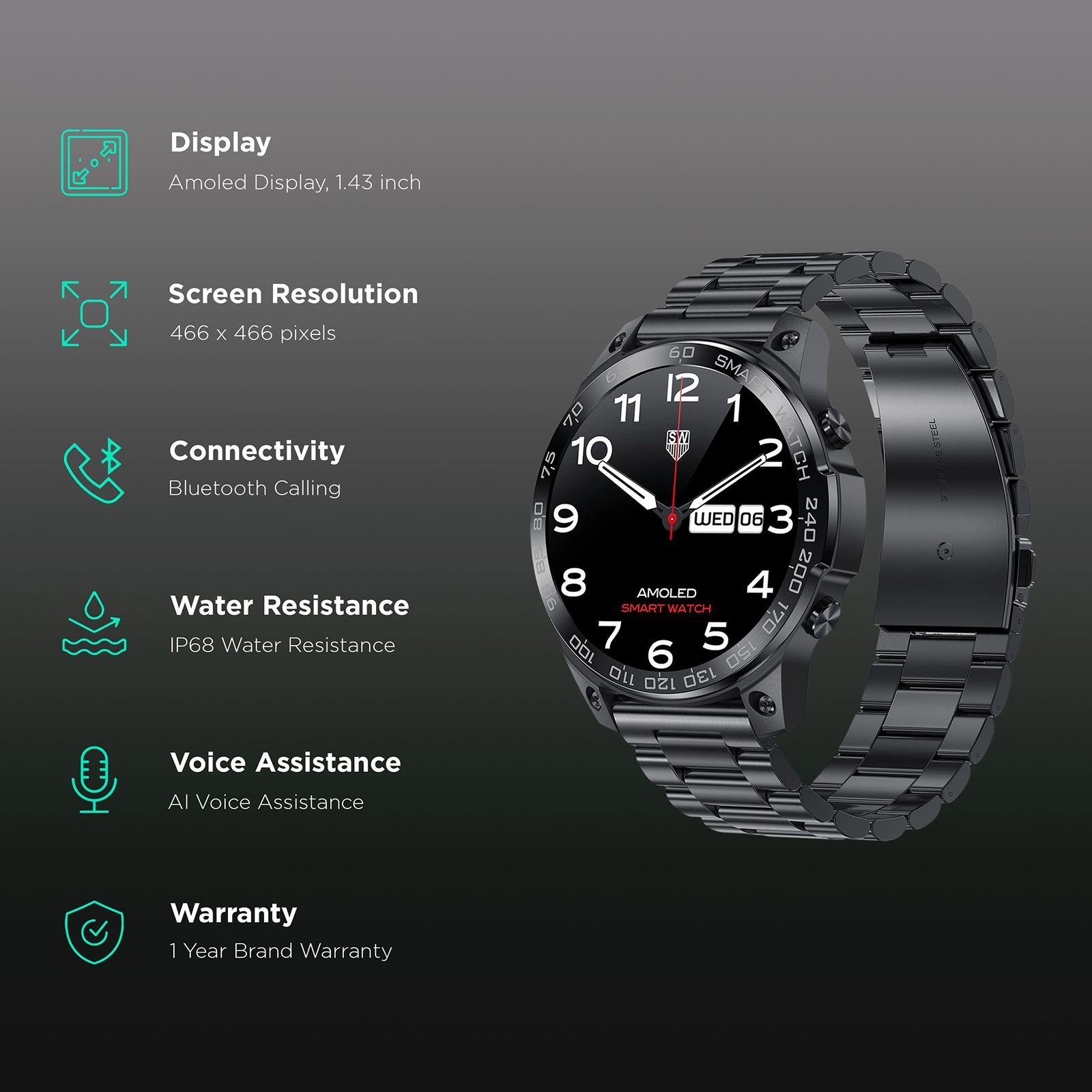 FIRE-BOLTT Dagger Luxe Smartwatch with Bluetooth Calling (36.3mm AMOLED Display, IP68 Water Resistant, Black Strap)_2