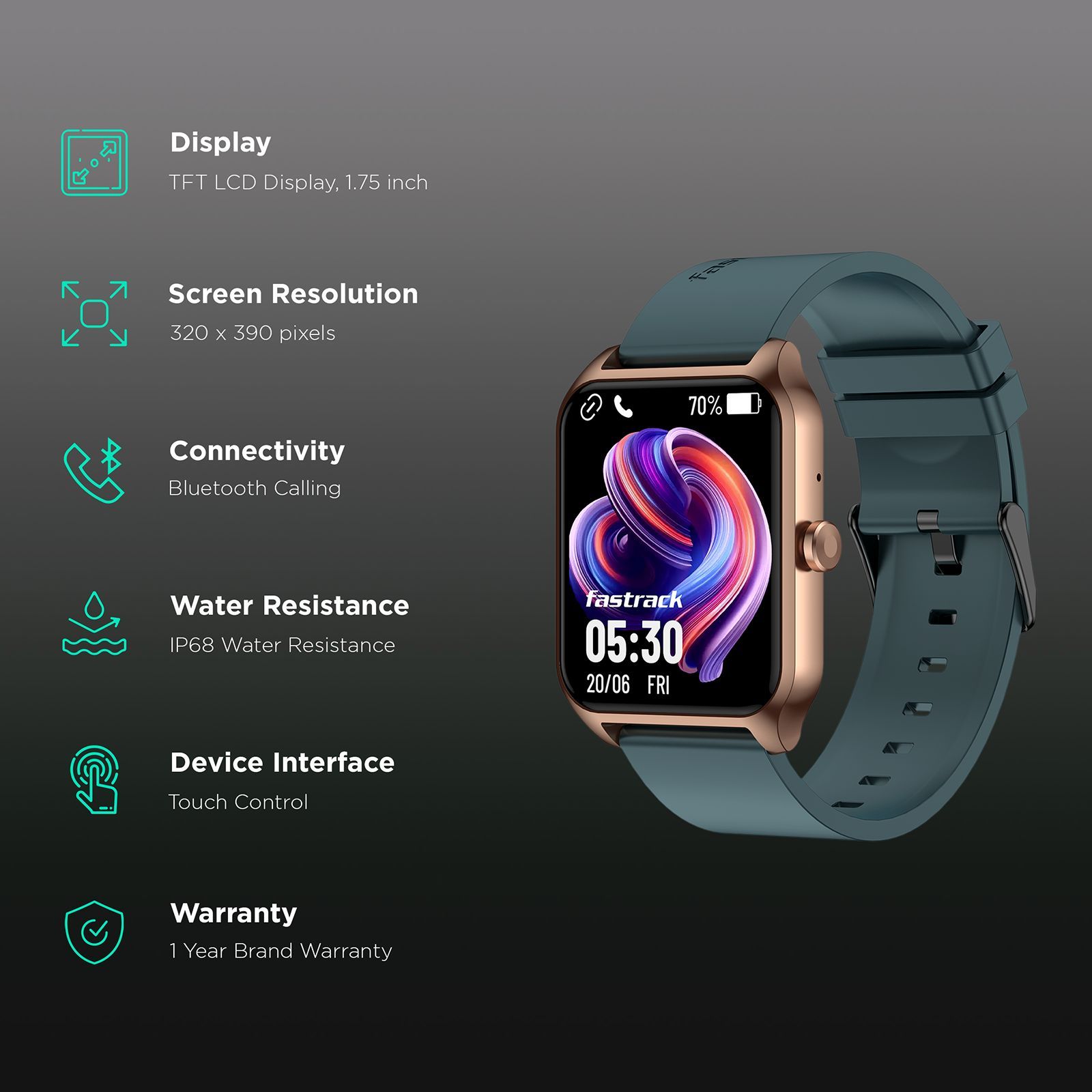 fastrack Reflex Beat Pro Smartwatch with Bluetooth Calling (44.4mm TFT LCD Display, IP68 Water Resistant, Teal Strap)_2