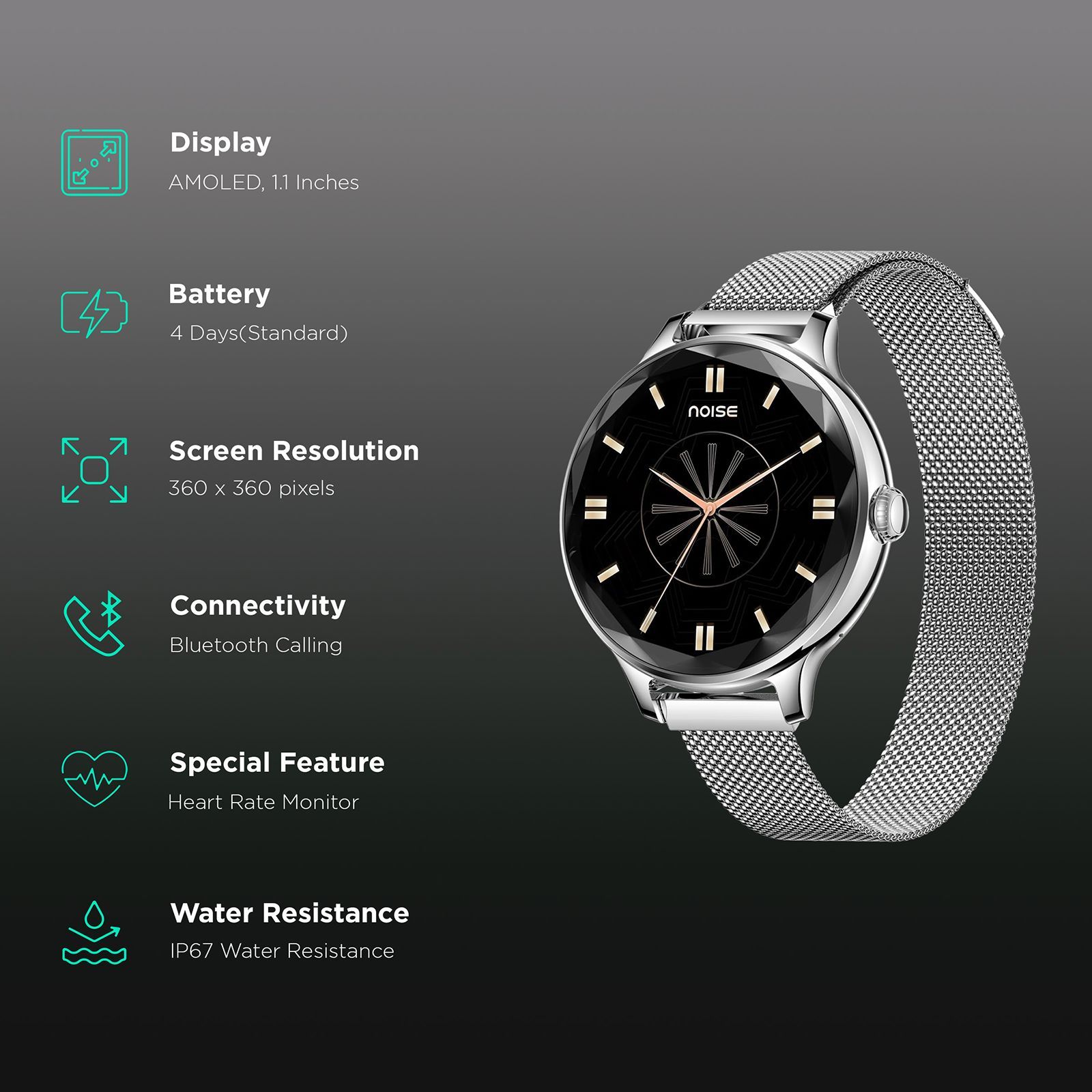 noise NoiseFit Diva Smartwatch with Bluetooth Calling (27.9mm AMOLED Display, IP67 Water Resistant, Silver Link Strap) noise NoiseFit Diva Smartwatch with Bluetooth Calling (27.9mm AMOLED Display, IP67 Water Resistant, Silver Link Strap)_2