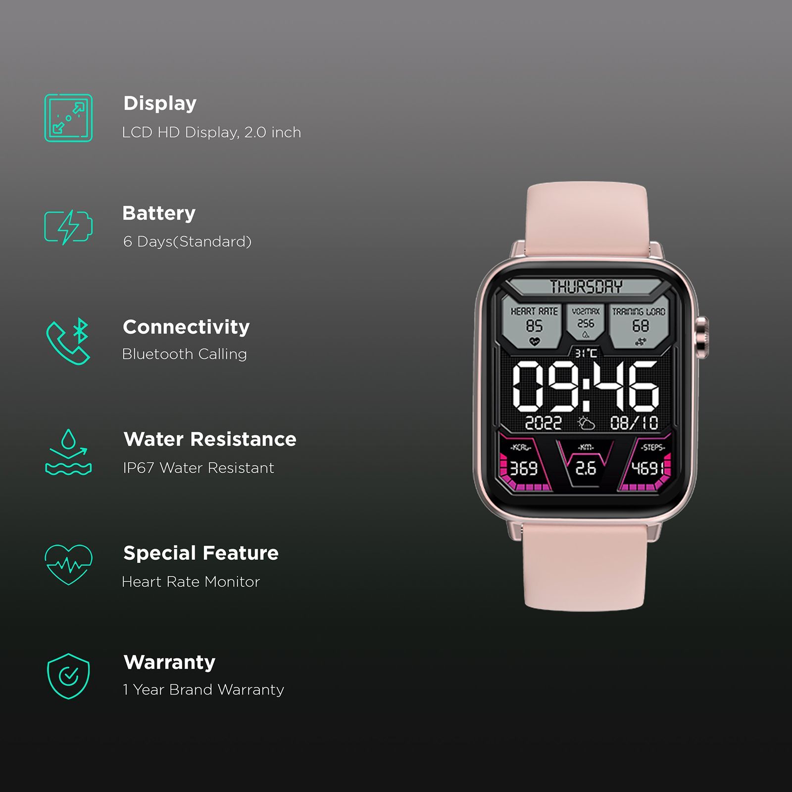 FIRE-BOLTT Ninja Fit Pro Smartwatch with Bluetooth Calling (50.8mm LCD Display, IP67 Water Resistant, Beige Strap)_2