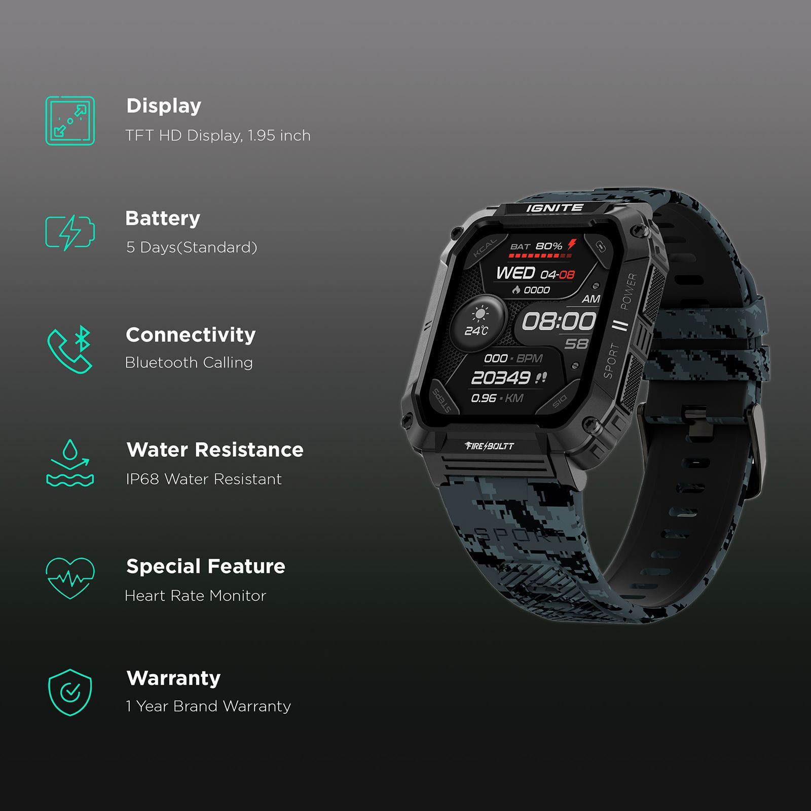 FIRE-BOLTT Combat Smartwatch with Bluetooth Calling (49.5mm TFT Display, IP68 Water Resistant, Camo Black Strap)_2