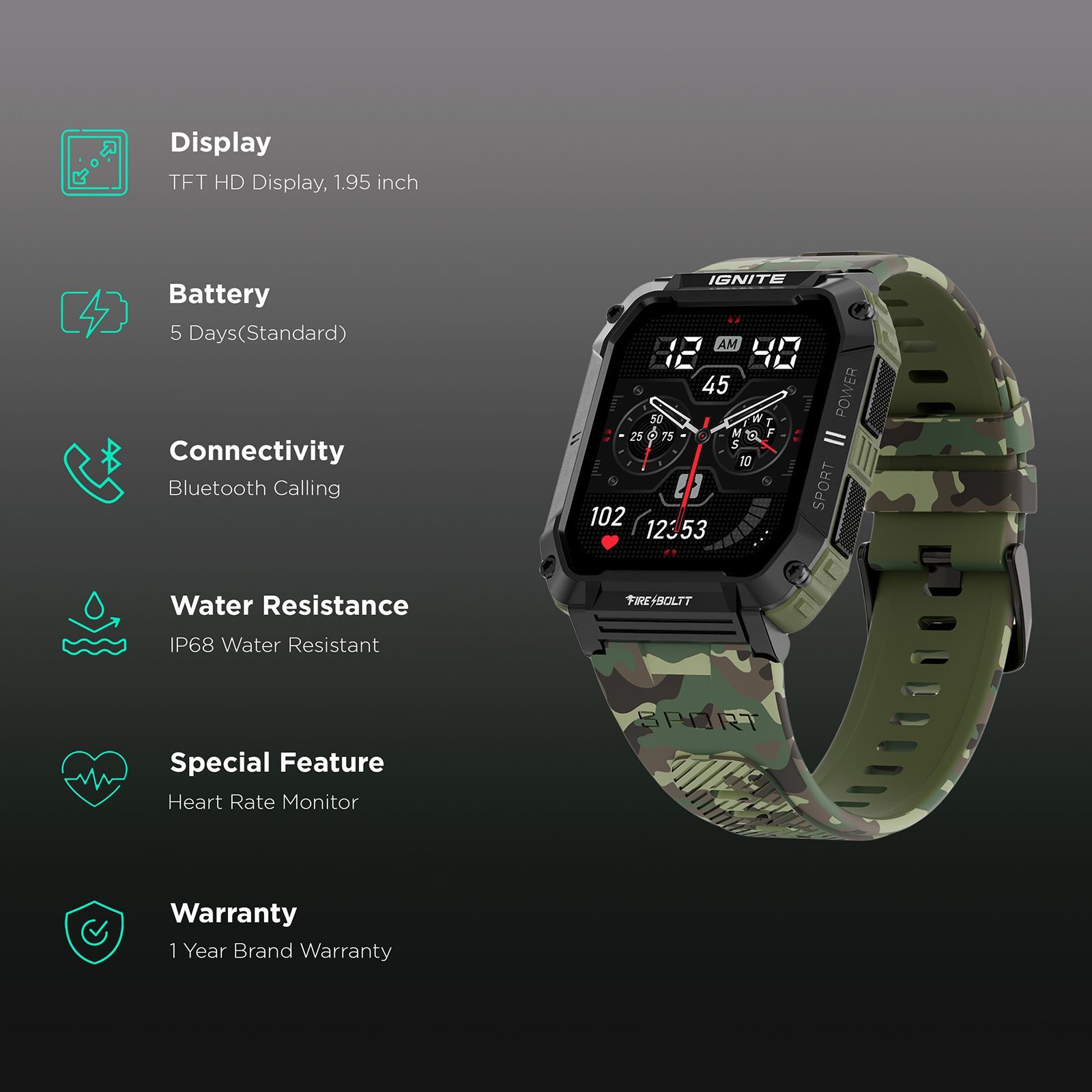 FIRE-BOLTT Combat Smartwatch with Bluetooth Calling (49.5mm TFT Display, IP68 Water Resistant, Camo Green Strap)_2