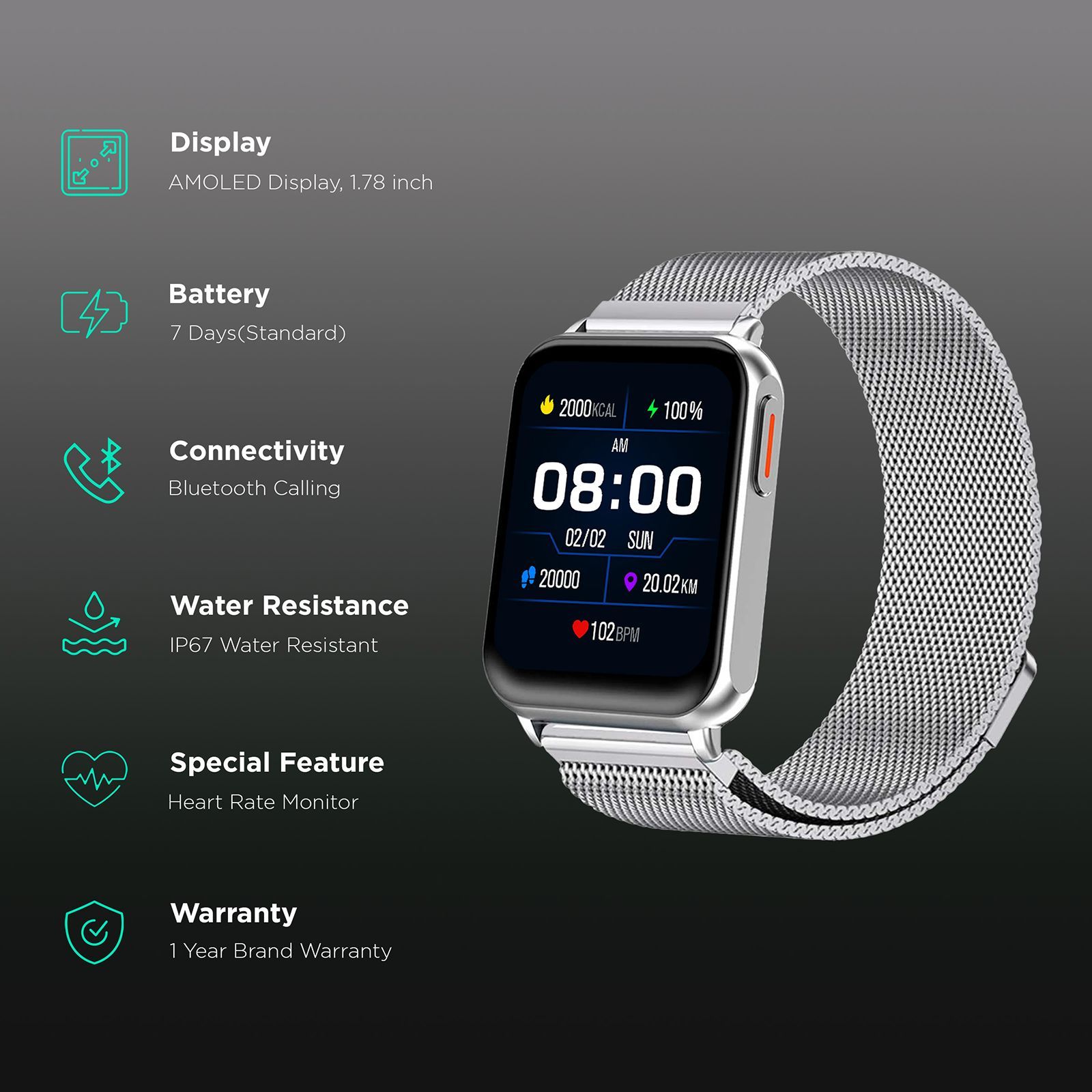 FIRE-BOLTT King Smartwatch with Bluetooth Calling (45.2mm AMOLED Display, IP67 Water Resistant, Silver Strap)_2