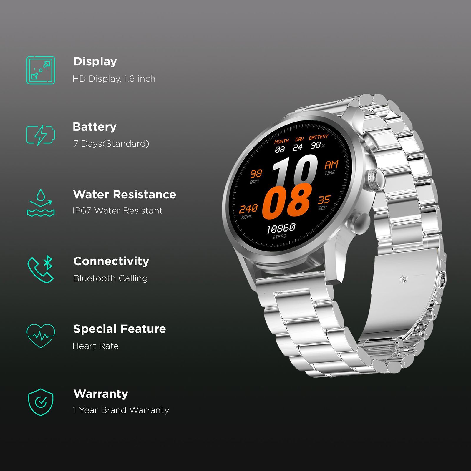 FIRE-BOLTT Infinity Luxe Smartwatch with Bluetooth Calling (40.64mm HD Display, IP67 Water Resistant, Silver Strap)_2