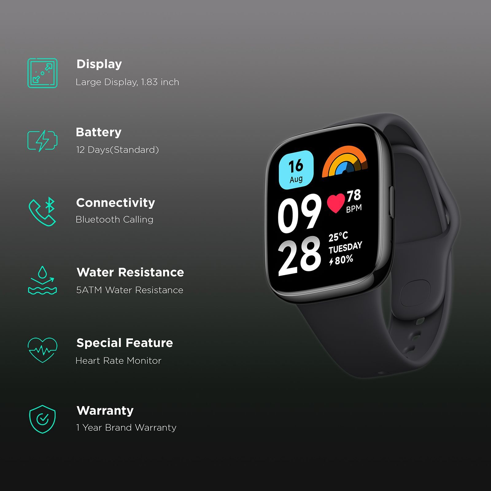 Redmi Watch 3 Active Smartwatch with Bluetooth Calling (46.4mm LCD Display, 5ATM Water Resistant, Charcoal Black Strap)_2